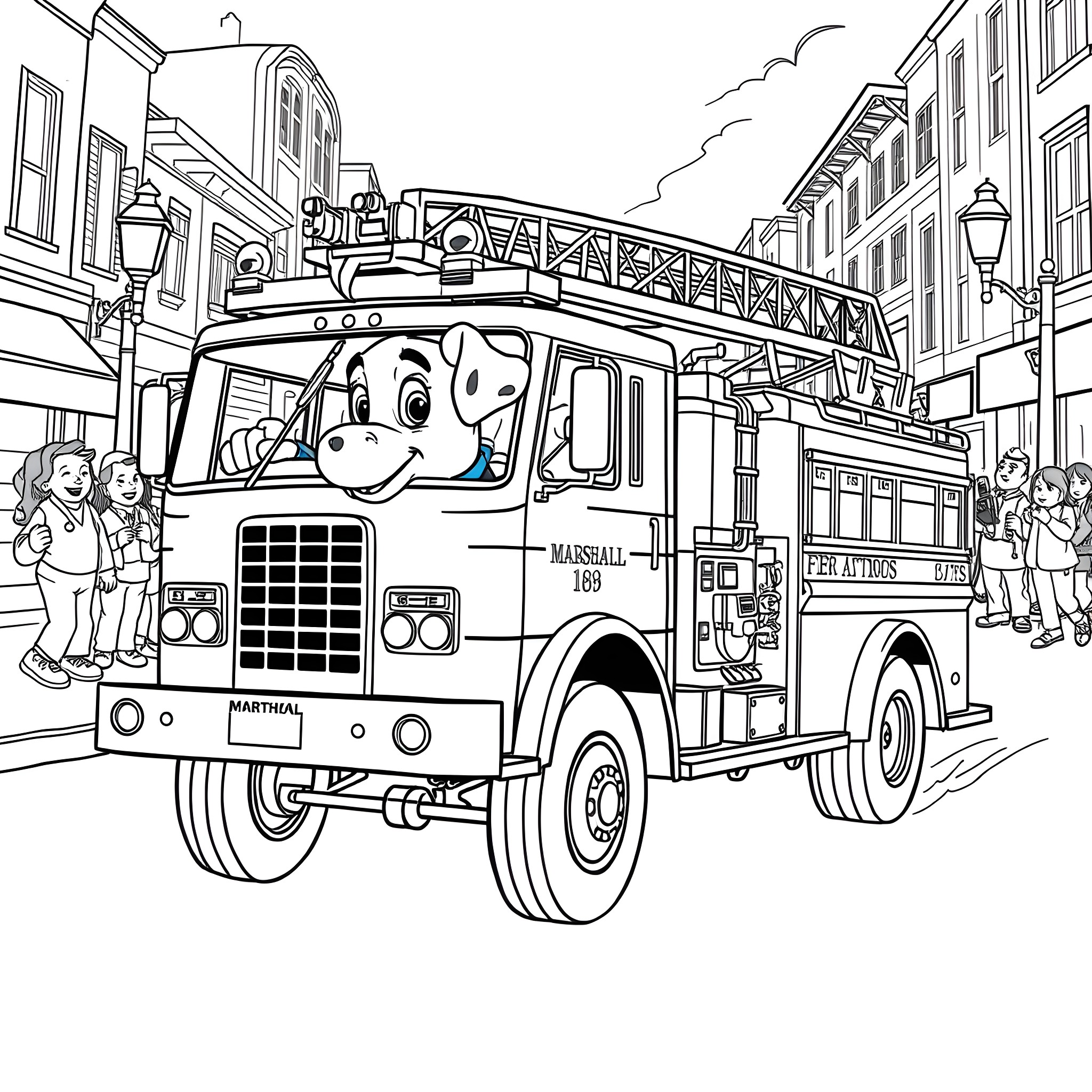 Marshall's Fire Truck on the Street Coloring Page (free black-and-white line drawing printable PDF for all, from beginners to advanced learners, including children, teens, adults, and seniors)