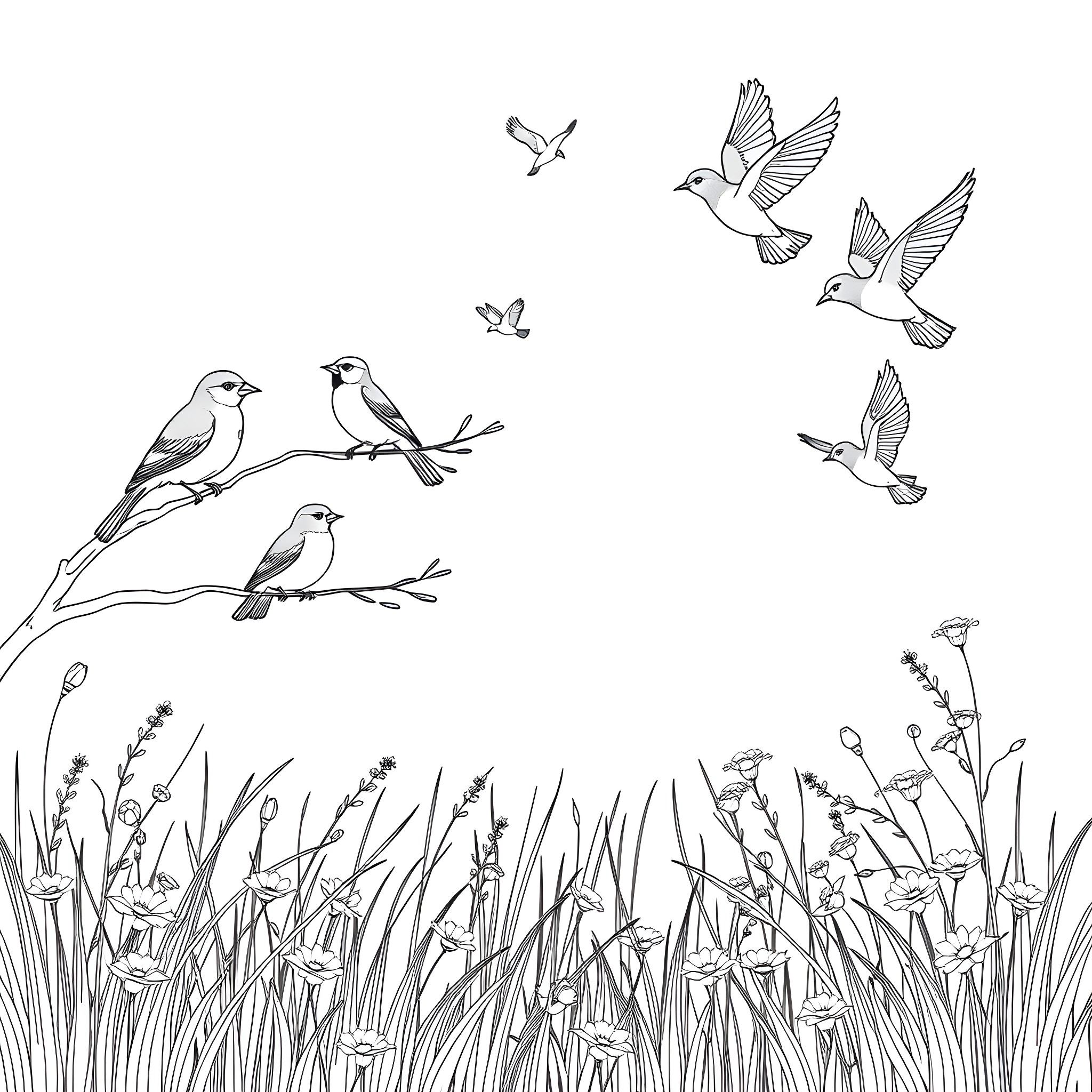 Birds in a lush meadow scene Coloring Page (free black-and-white line drawing printable PDF for all, from beginners to advanced learners, including children, teens, adults, and seniors)