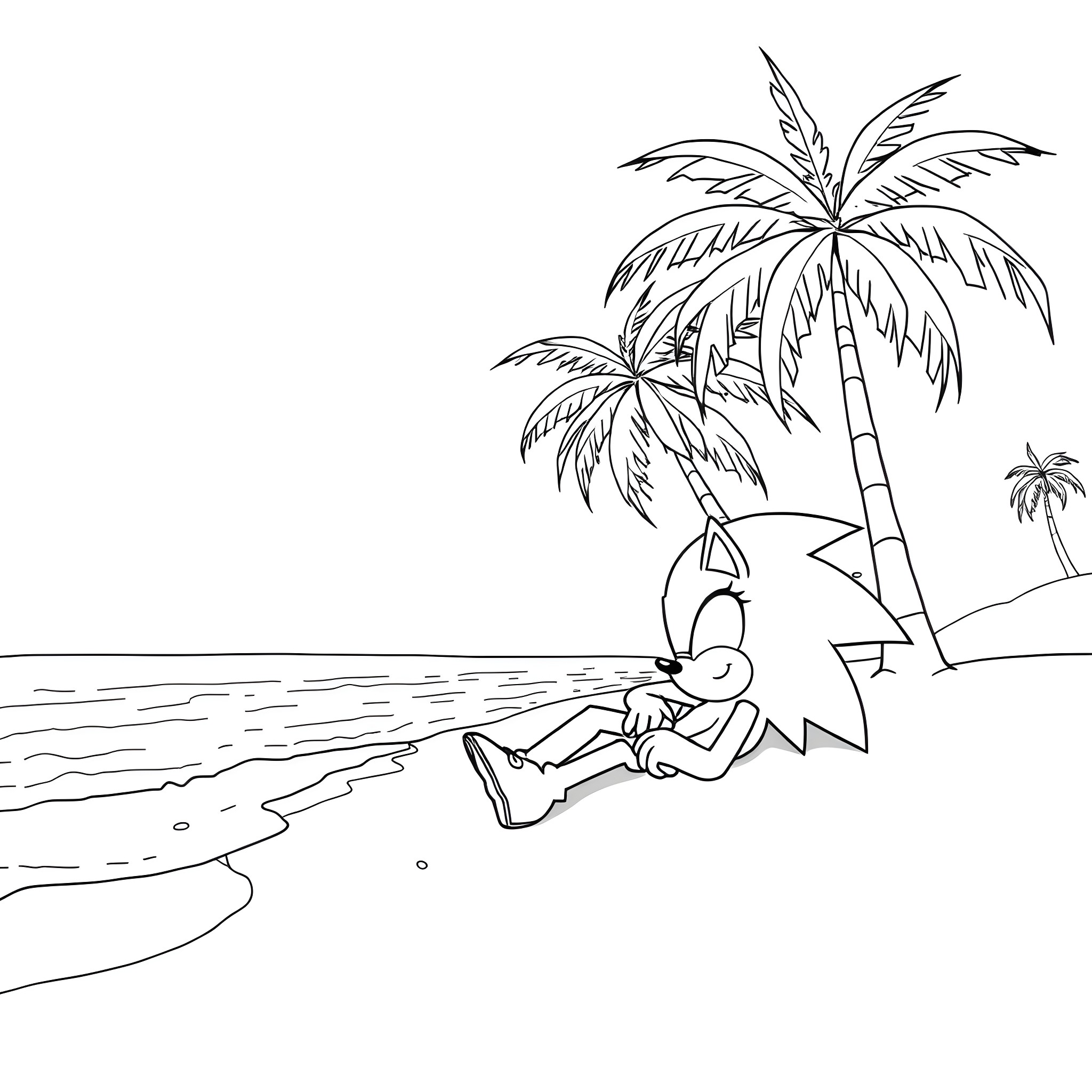 Sonic relaxing on the beach under palm trees Coloring Page (free black-and-white line drawing printable PDF for all, from beginners to advanced learners, including children, teens, adults, and seniors)