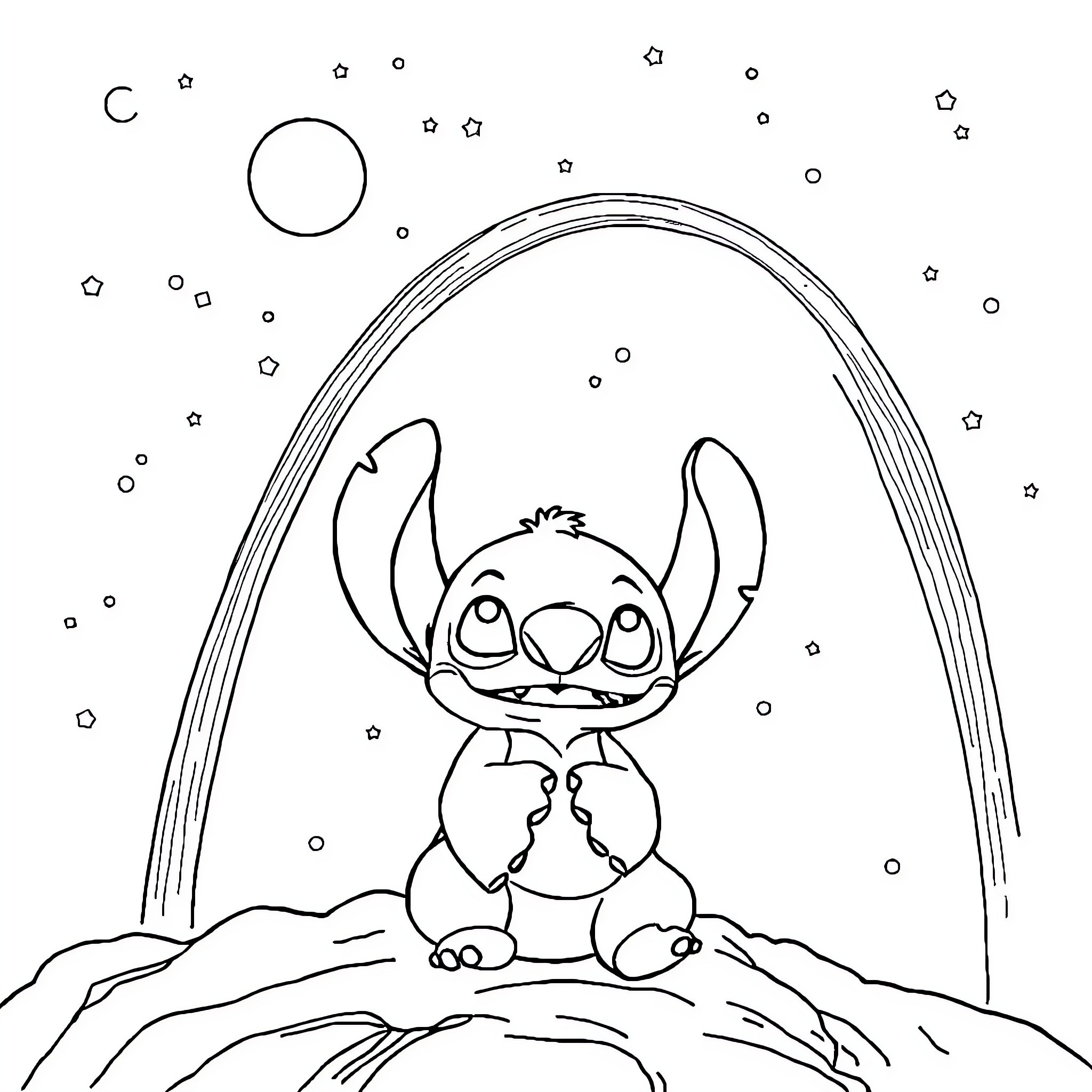 Stitch sitting under starry night sky Coloring Page (free black-and-white line drawing printable PDF for all, from beginners to advanced learners, including children, teens, adults, and seniors)