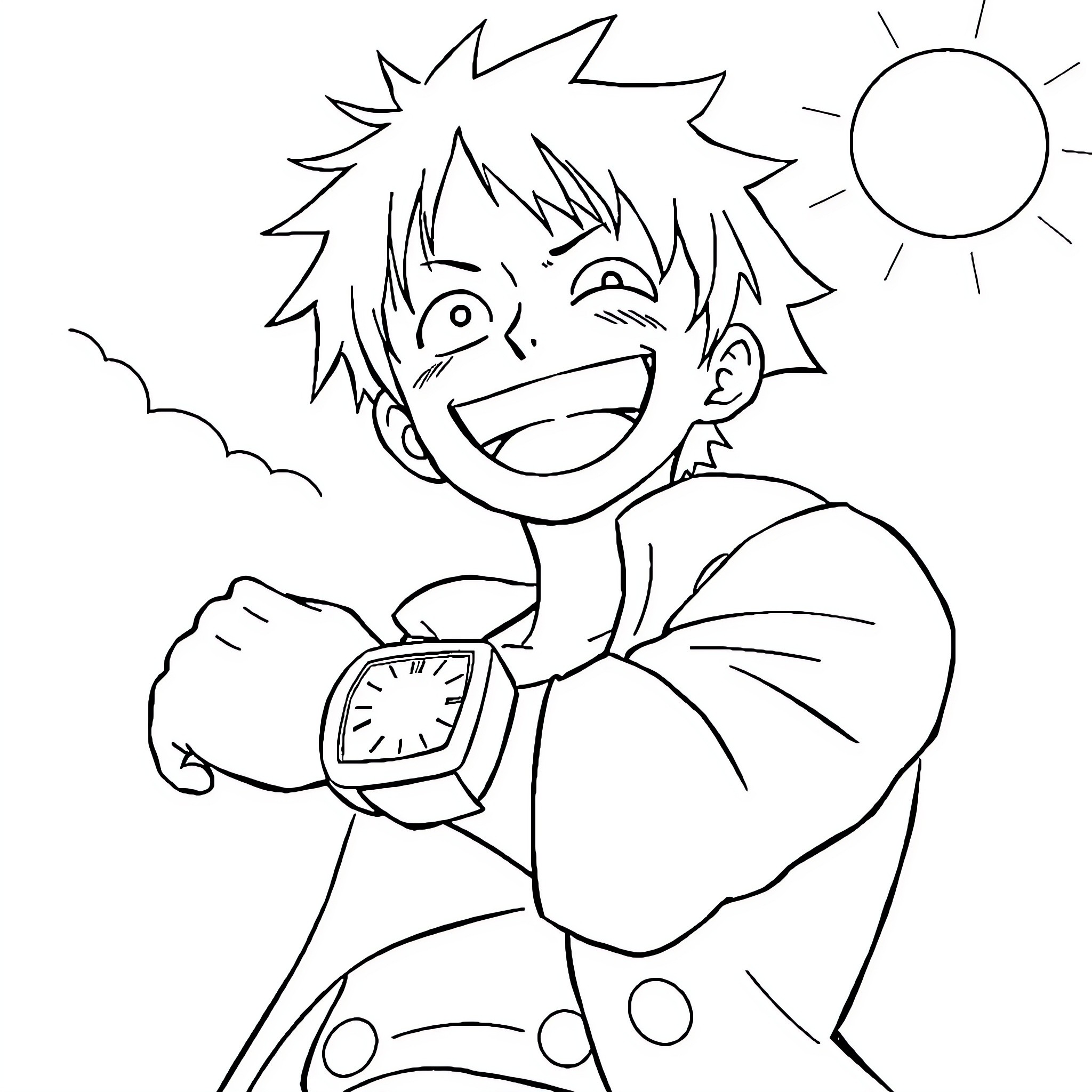 Luffy's Energetic Smile and Adventure Coloring Page (free black-and-white line drawing printable PDF for all, from beginners to advanced learners, including children, teens, adults, and seniors)
