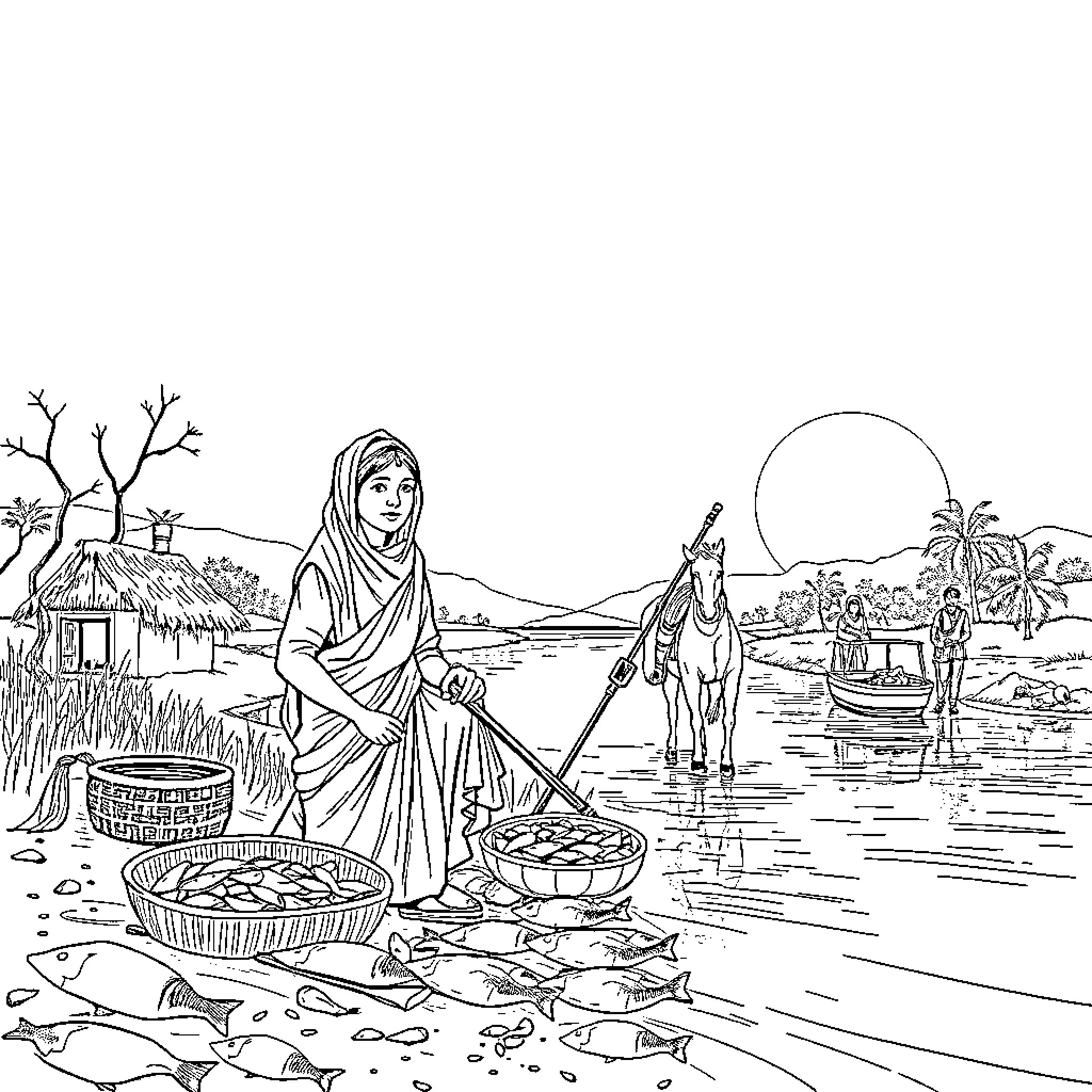 Fisher Woman Gathering Fish by the River Coloring Page (free black-and-white line drawing printable PDF for all, from beginners to advanced learners, including children, teens, adults, and seniors)