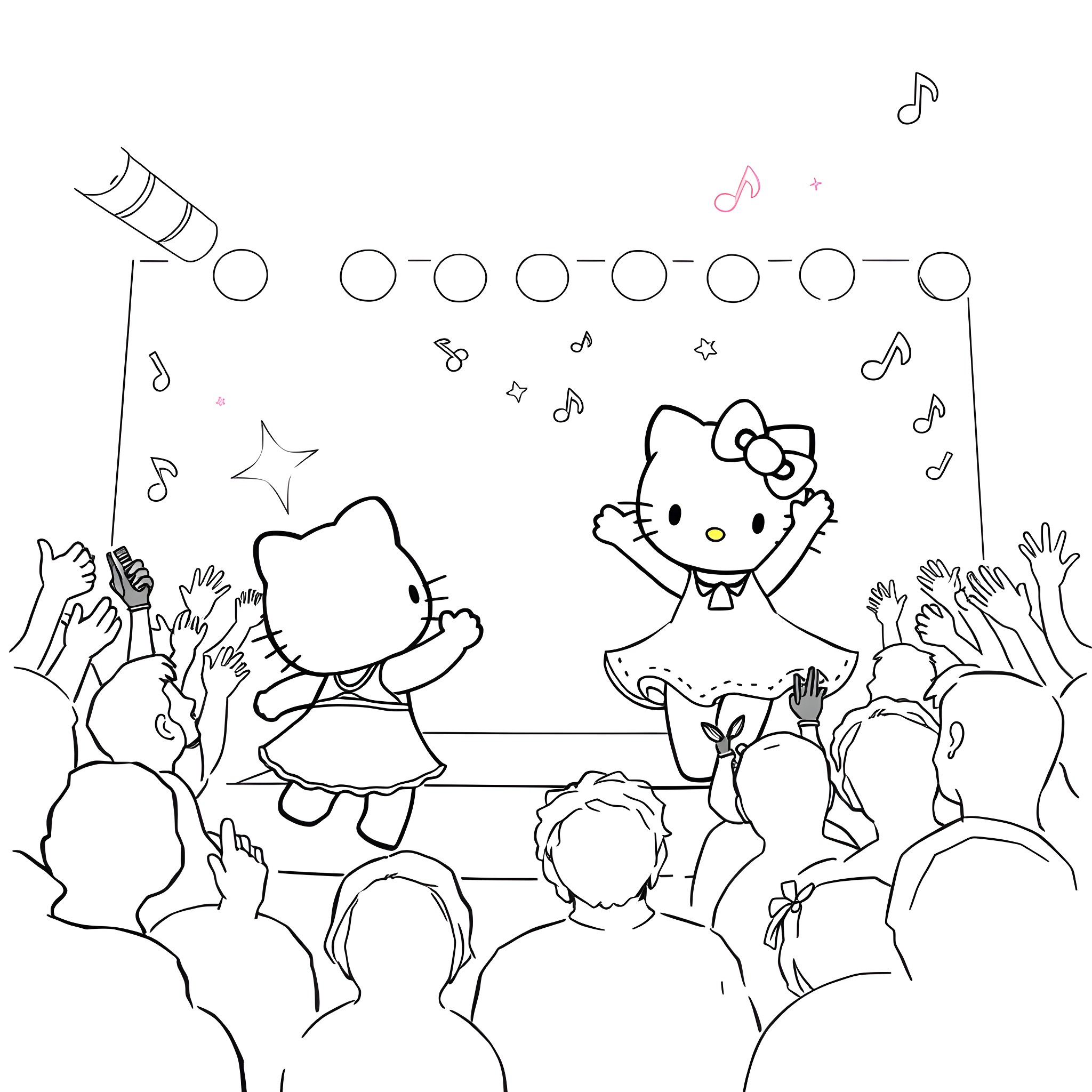 Hello Kitty Performing on Stage Before Cheering Crowd Coloring Page (free black-and-white line drawing printable PDF for all, from beginners to advanced learners, including children, teens, adults, and seniors)