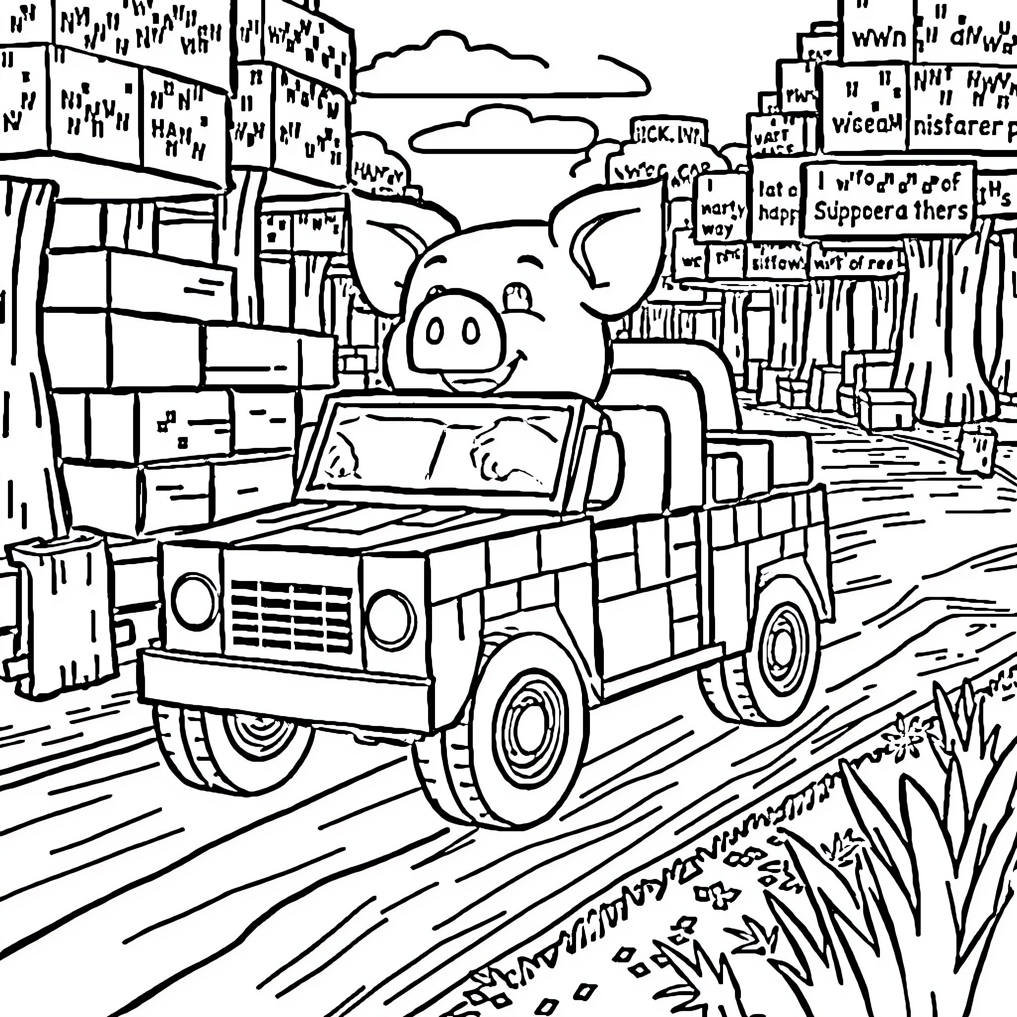 Minecraft Pig driving a truck in the city Coloring Page (free black-and-white line drawing printable PDF for all, from beginners to advanced learners, including children, teens, adults, and seniors)