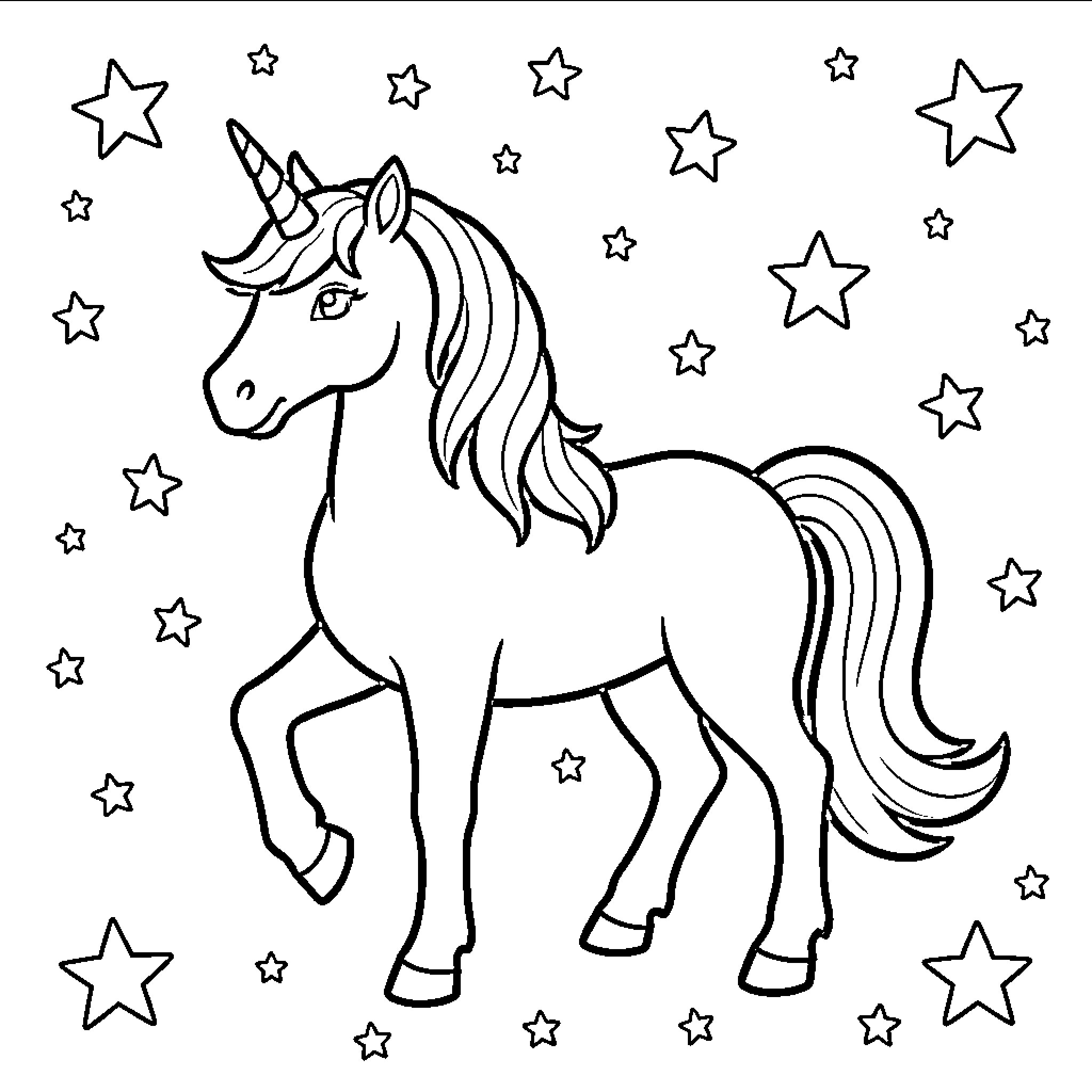 Unicorn standing gracefully amidst a shower of stars Coloring Page (free black-and-white line drawing printable PDF for all, from beginners to advanced learners, including children, teens, adults, and seniors)