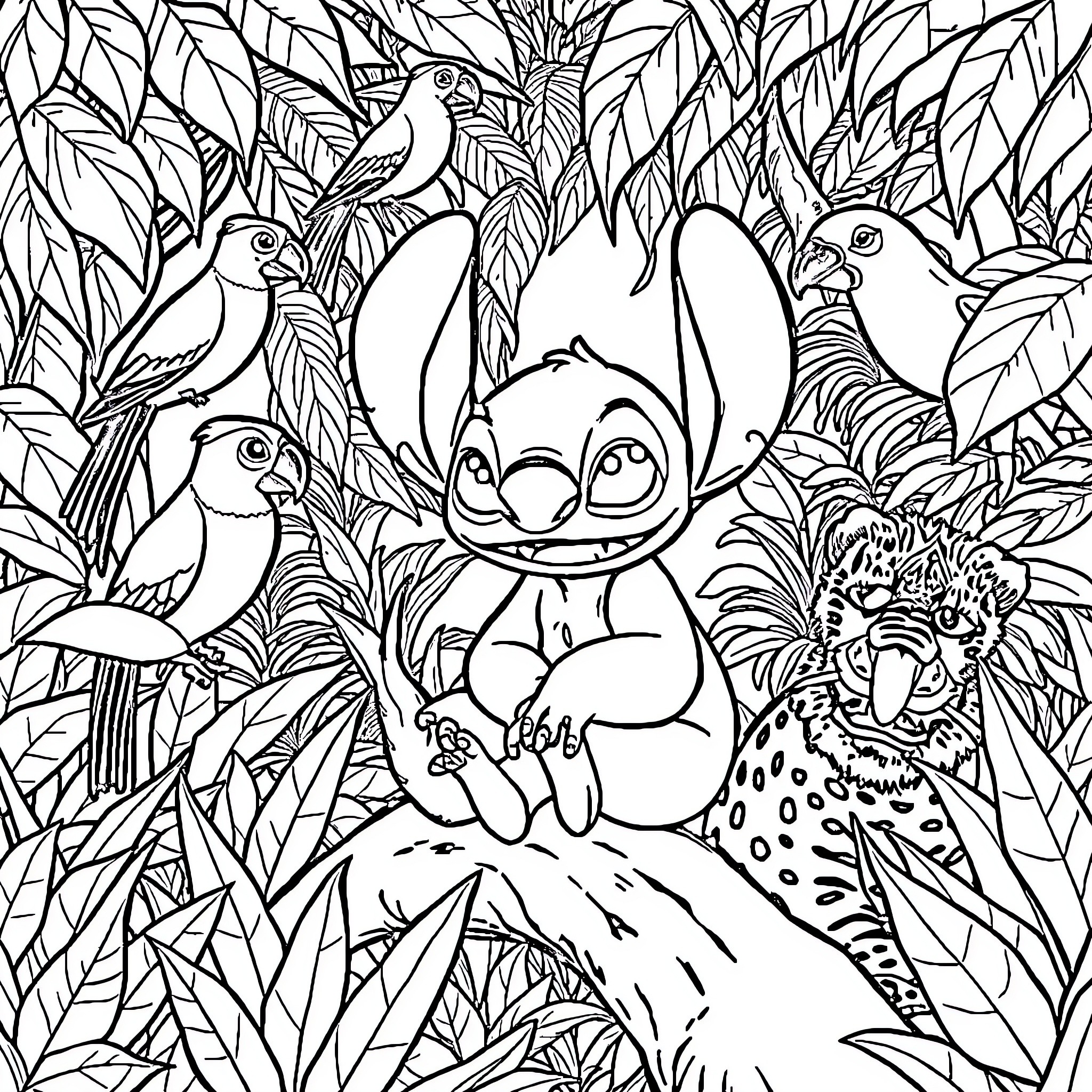 Stitch enjoying the tropical foliage with birds Coloring Page (free black-and-white line drawing printable PDF for all, from beginners to advanced learners, including children, teens, adults, and seniors)