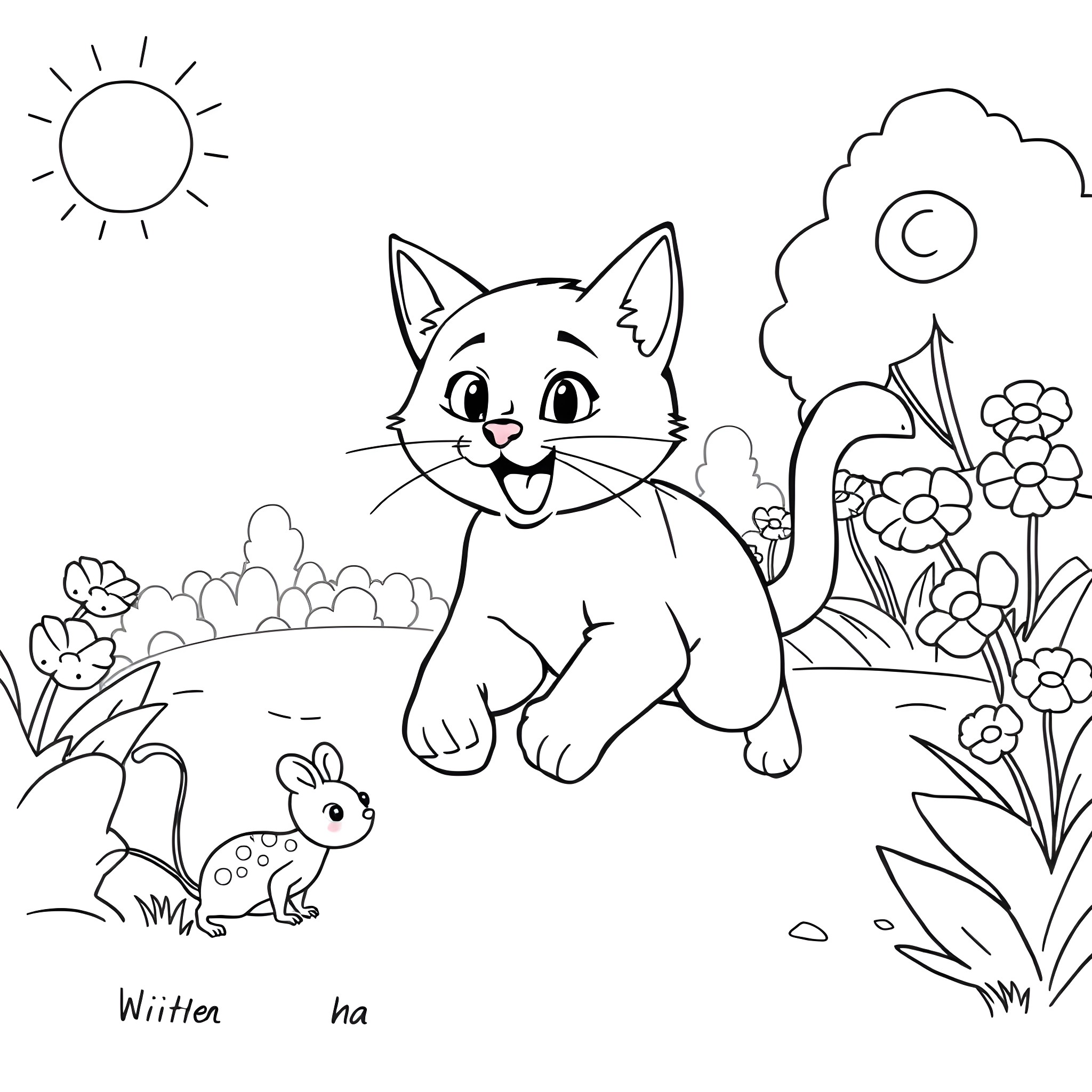 Cat enjoying nature with cute animals Coloring Page (free black-and-white line drawing printable PDF for all, from beginners to advanced learners, including children, teens, adults, and seniors)