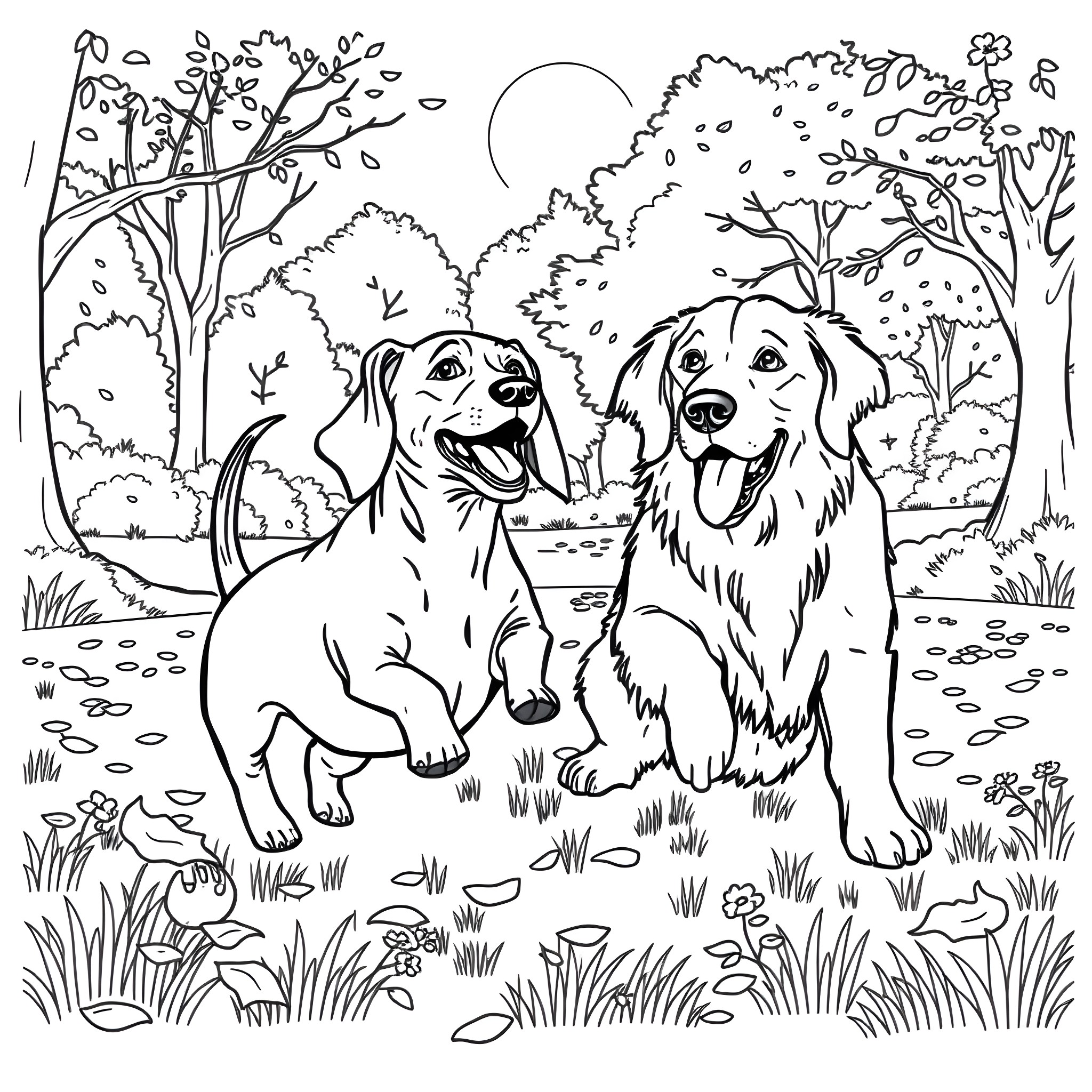 Dachshund and Retriever Frolicking in the Forest Coloring Page (free black-and-white line drawing printable PDF for all, from beginners to advanced learners, including children, teens, adults, and seniors)