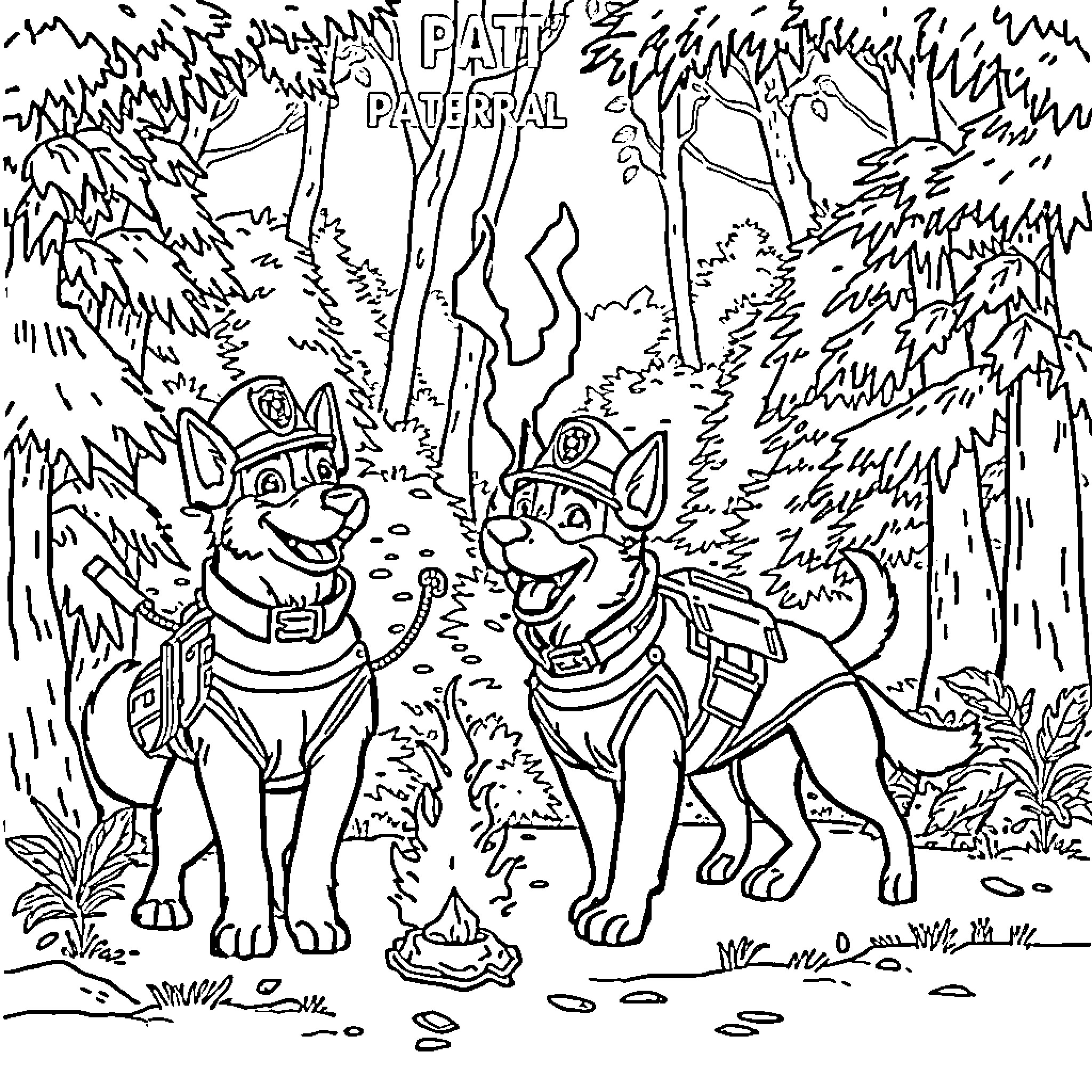 Paw Patrol Adventurers in the Wilderness Coloring Page (free black-and-white line drawing printable PDF for all, from beginners to advanced learners, including children, teens, adults, and seniors)