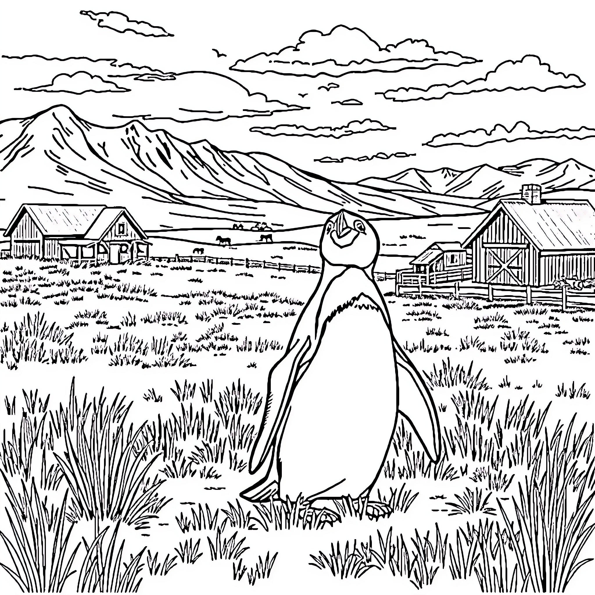 Penguin exploring a scenic mountain landscape Coloring Page (free black-and-white line drawing printable PDF for all, from beginners to advanced learners, including children, teens, adults, and seniors)