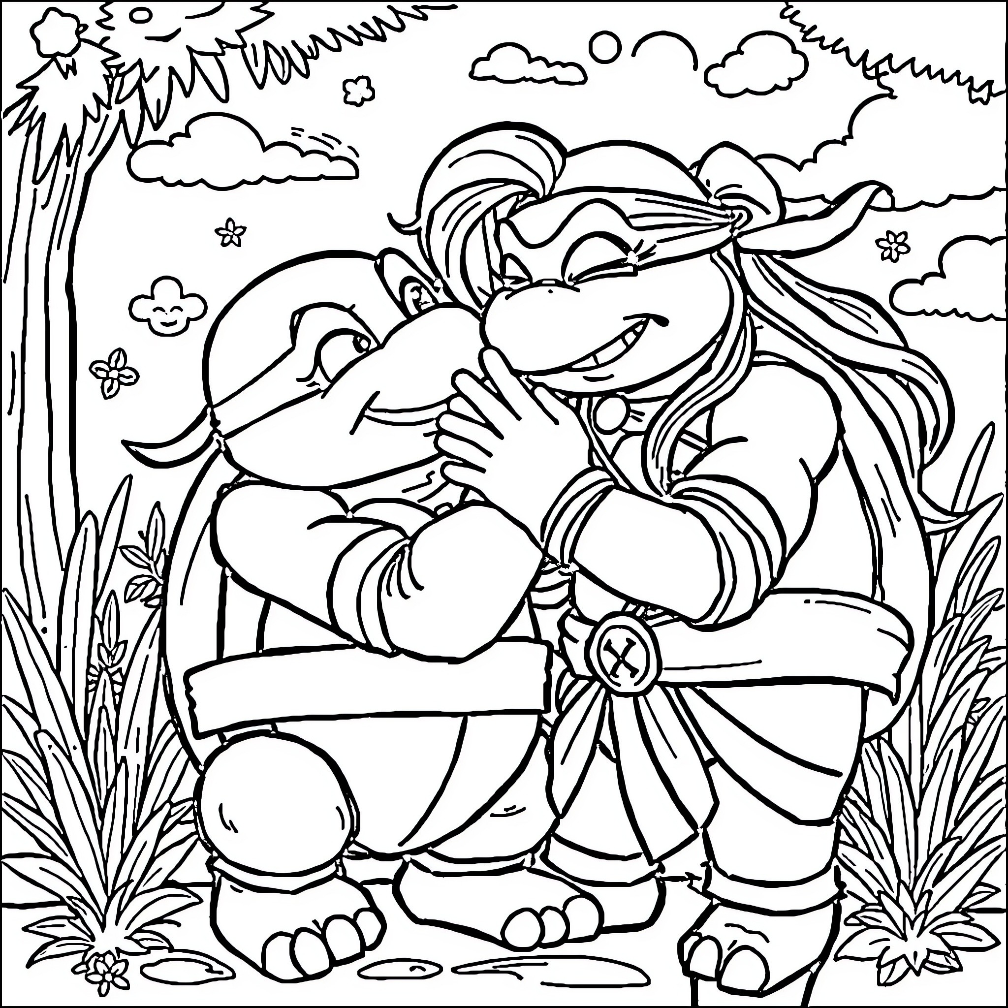 Rainbowbright friends embracing joyfully in nature Coloring Page (free black-and-white line drawing printable PDF for all, from beginners to advanced learners, including children, teens, adults, and seniors)
