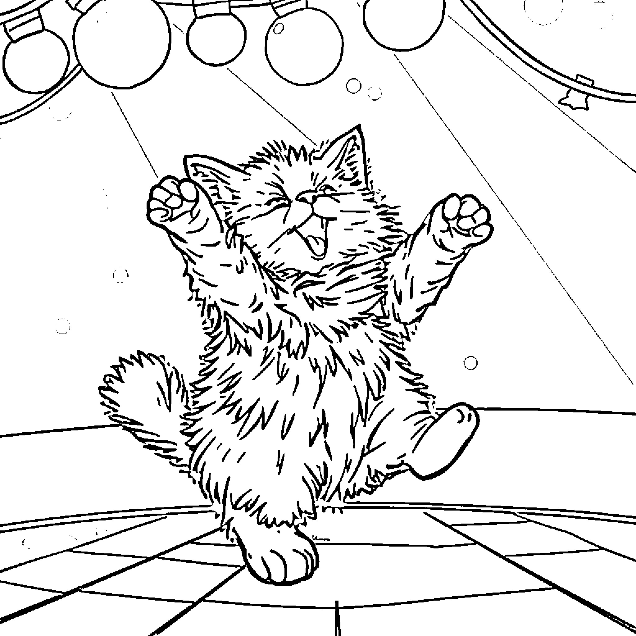 Cat playing gleefully on stage Coloring Page (free black-and-white line drawing printable PDF for all, from beginners to advanced learners, including children, teens, adults, and seniors)