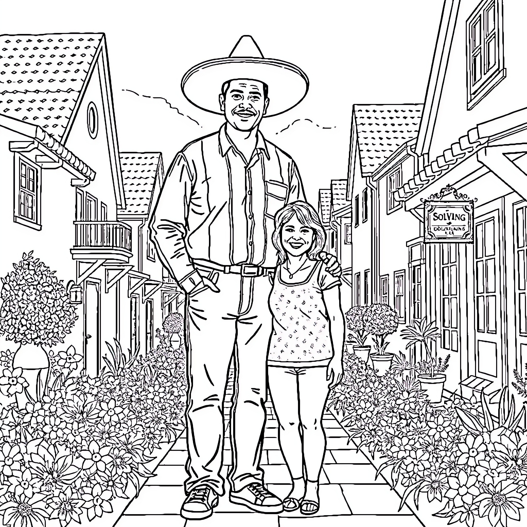 Man and girl strolling through a quaint village Coloring Page (free black-and-white line drawing printable PDF for all, from beginners to advanced learners, including children, teens, adults, and seniors)