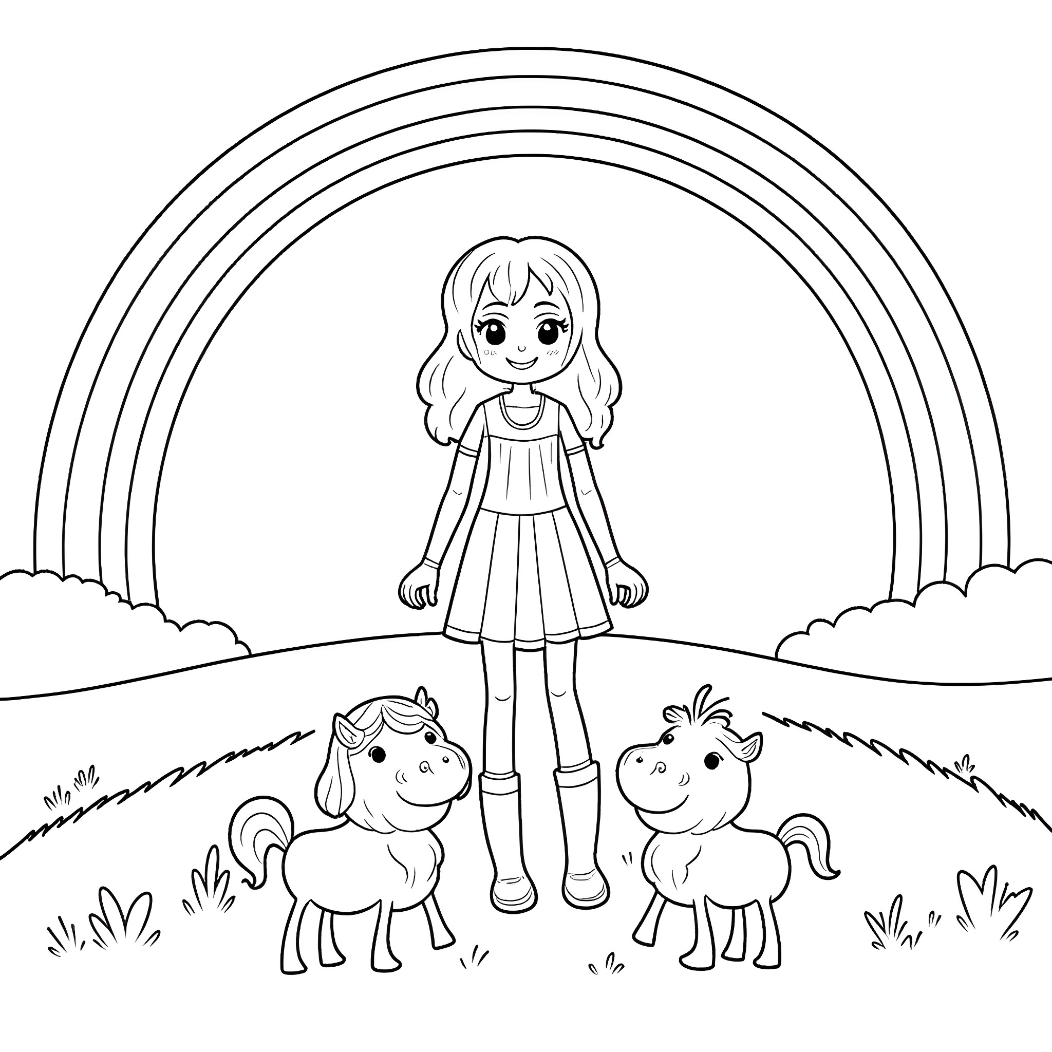 Rainbow Brite in a whimsical meadow with unicorns Coloring Page (free black-and-white line drawing printable PDF for all, from beginners to advanced learners, including children, teens, adults, and seniors)