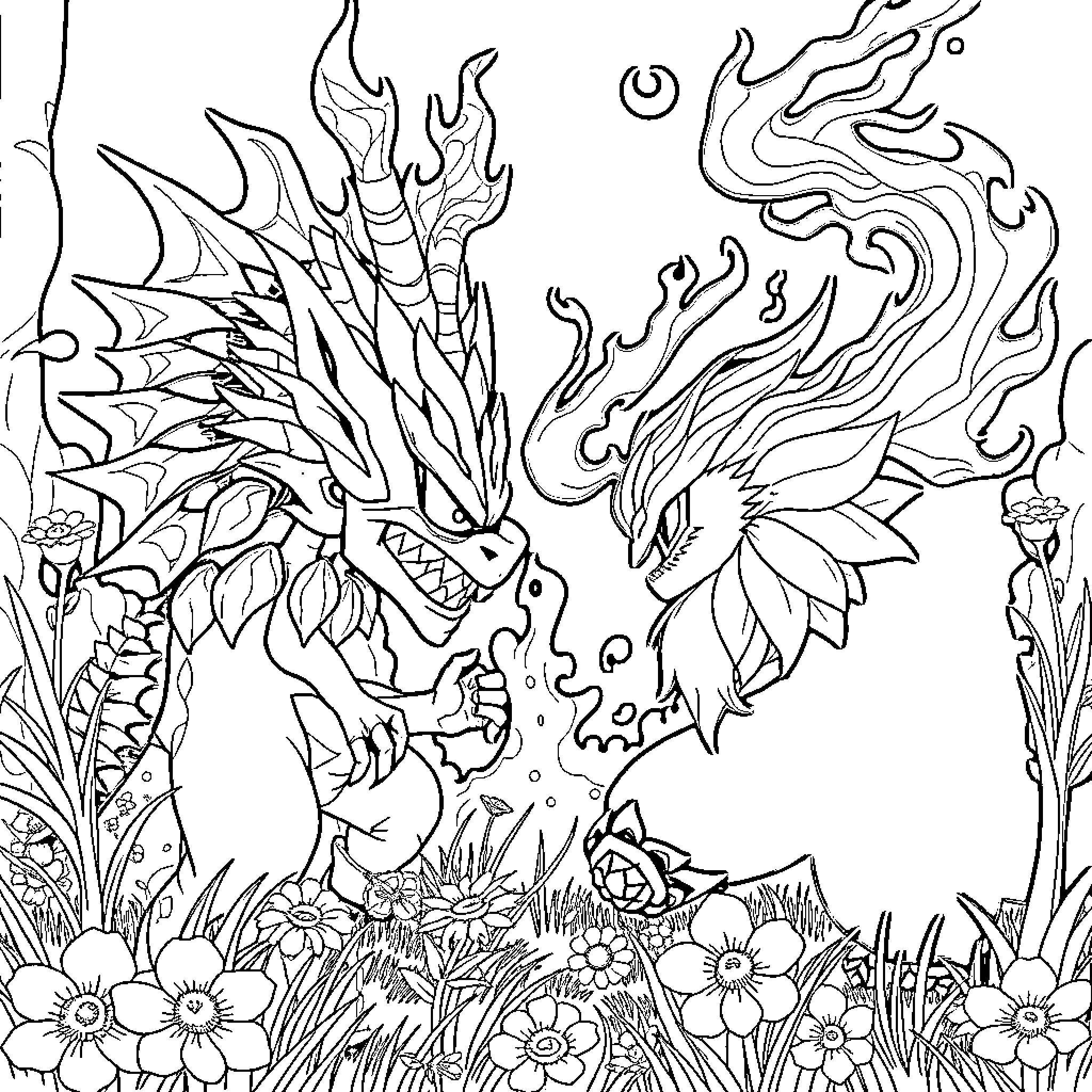 Bisasam dragons battling in a magical meadow Coloring Page (free black-and-white line drawing printable PDF for all, from beginners to advanced learners, including children, teens, adults, and seniors)