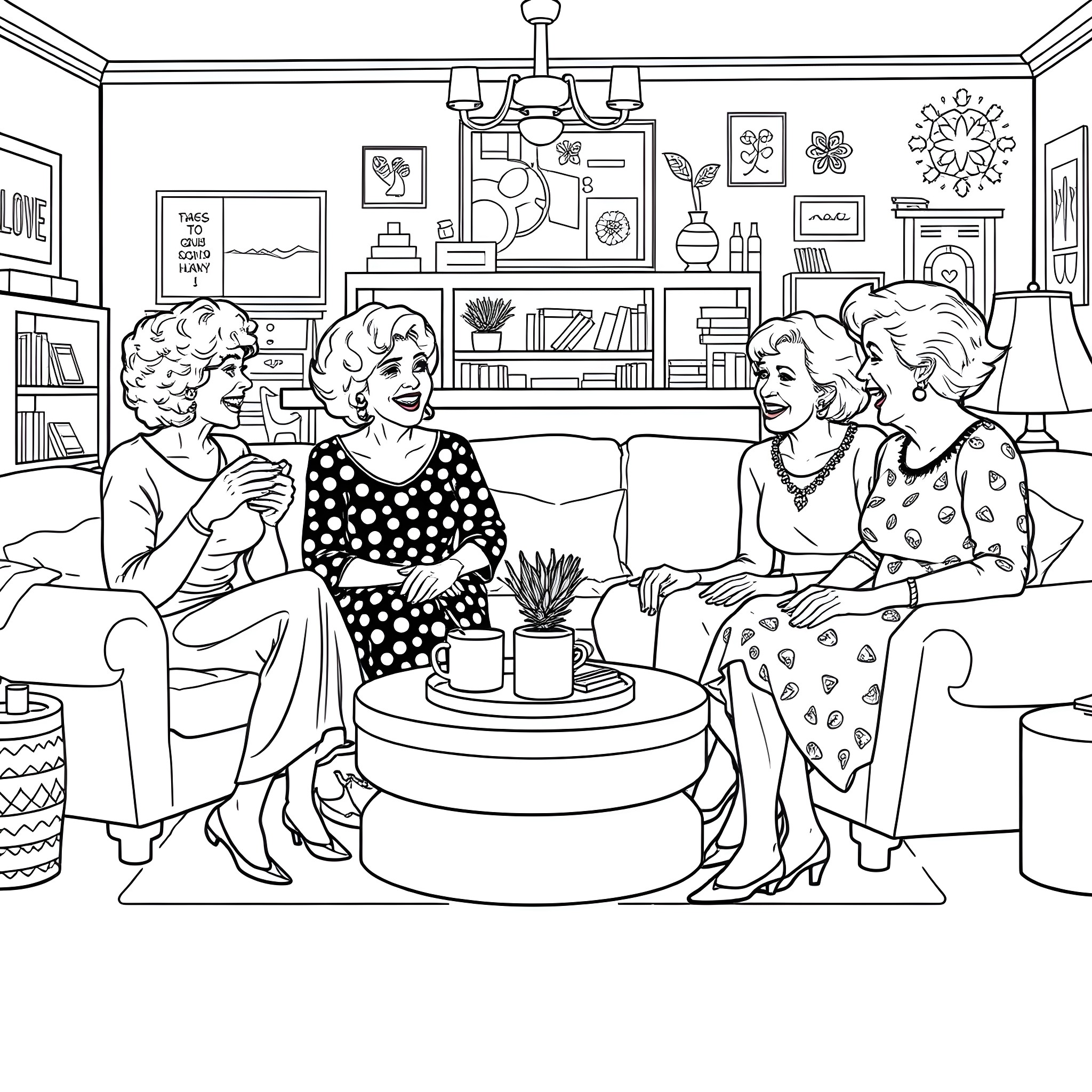 Golden Girls Enjoying a Lively Conversation Coloring Page (free black-and-white line drawing printable PDF for all, from beginners to advanced learners, including children, teens, adults, and seniors)