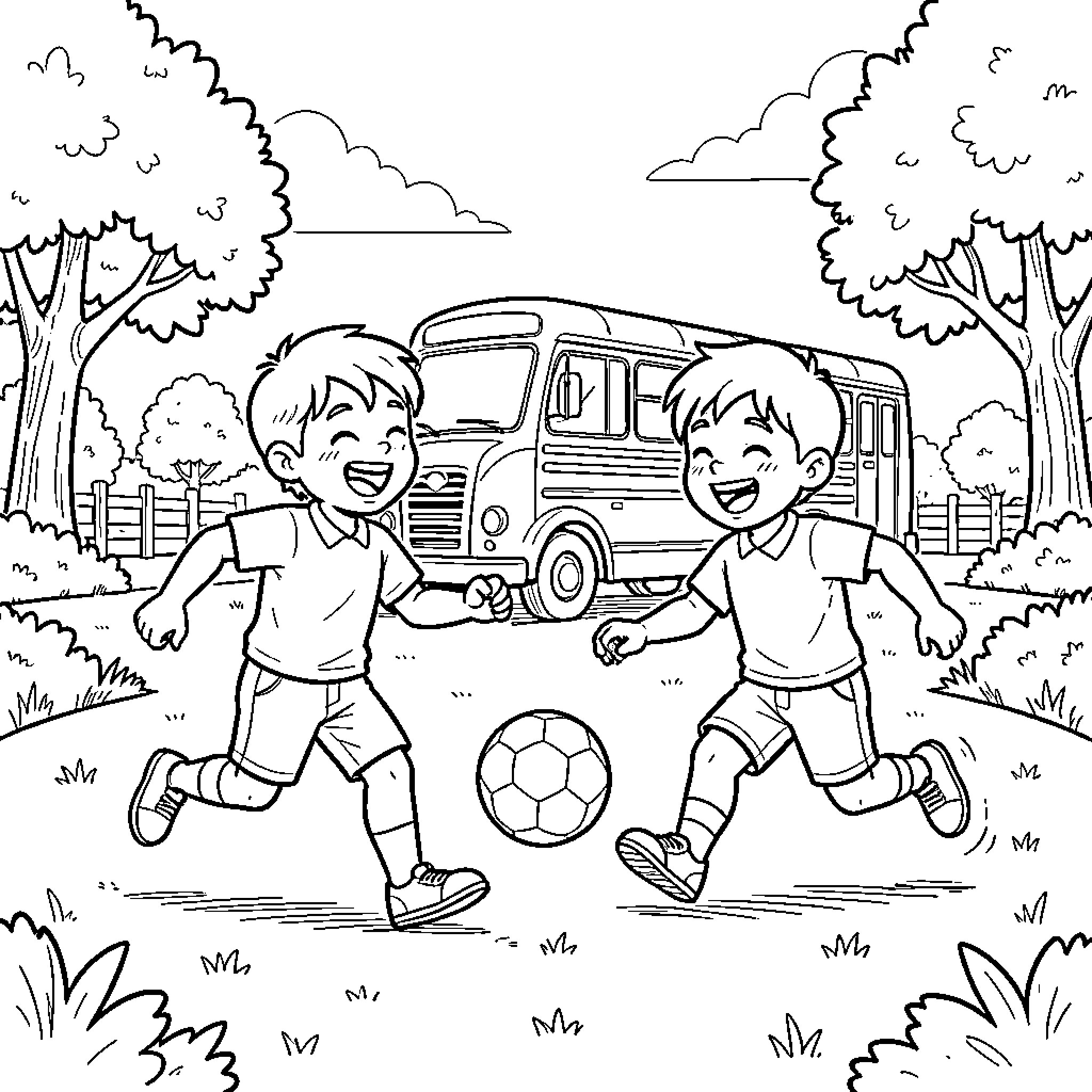 Minnie style illustration of boys playing soccer outdoors Coloring Page (free black-and-white line drawing printable PDF for all, from beginners to advanced learners, including children, teens, adults, and seniors)