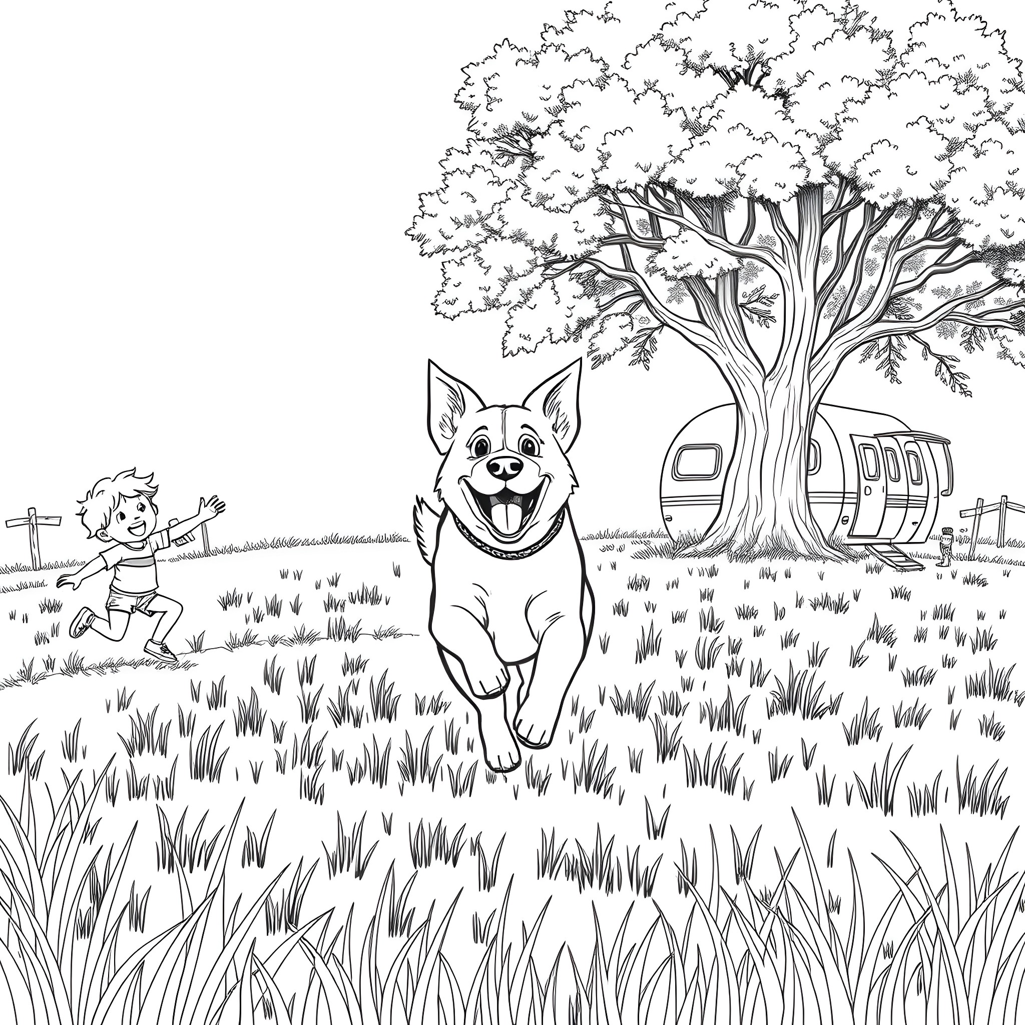 Dog playing happily with child in rural countryside Coloring Page (free black-and-white line drawing printable PDF for all, from beginners to advanced learners, including children, teens, adults, and seniors)