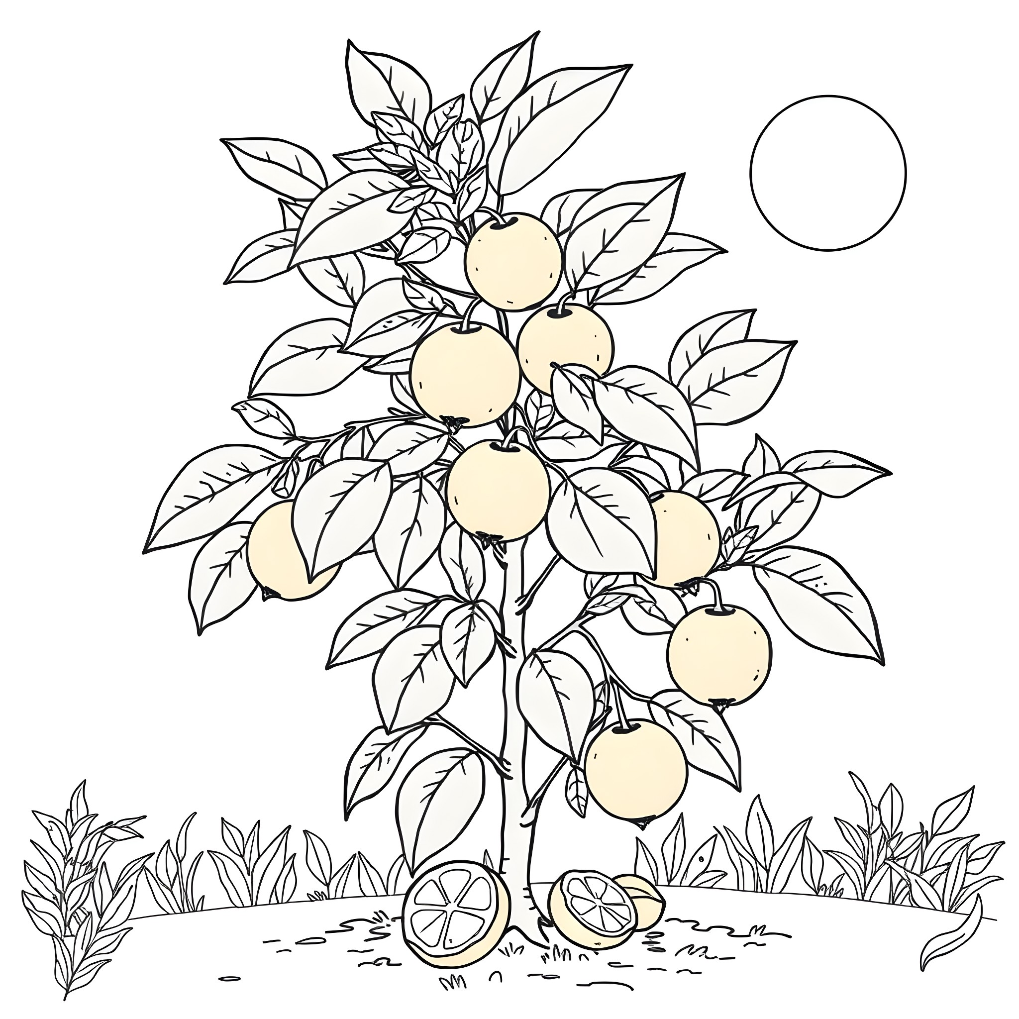 Citron Orchard with Ripe Fruits Coloring Page (free black-and-white line drawing printable PDF for all, from beginners to advanced learners, including children, teens, adults, and seniors)