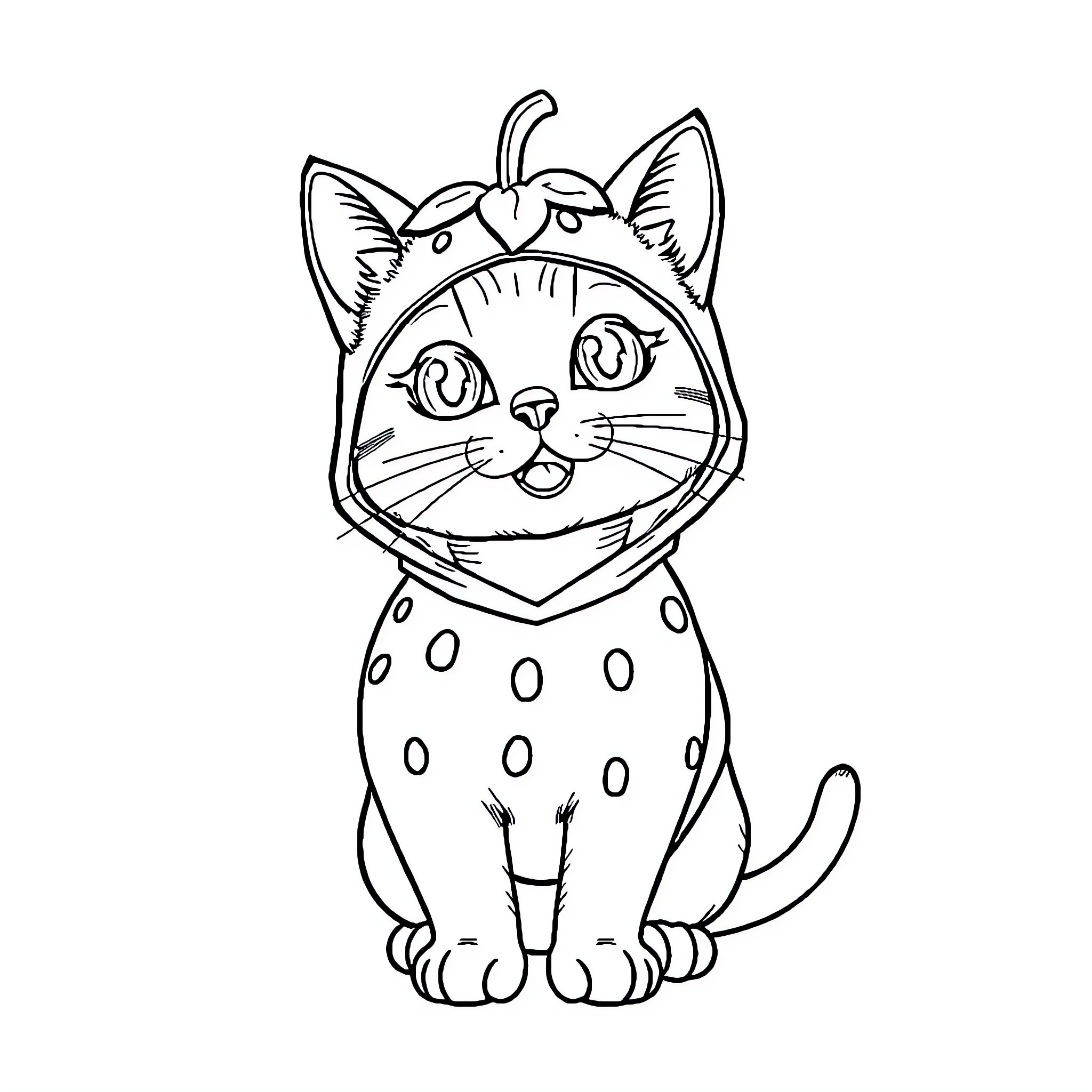 Cat wearing a patterned outfit and bow Coloring Page (free black-and-white line drawing printable PDF for all, from beginners to advanced learners, including children, teens, adults, and seniors)