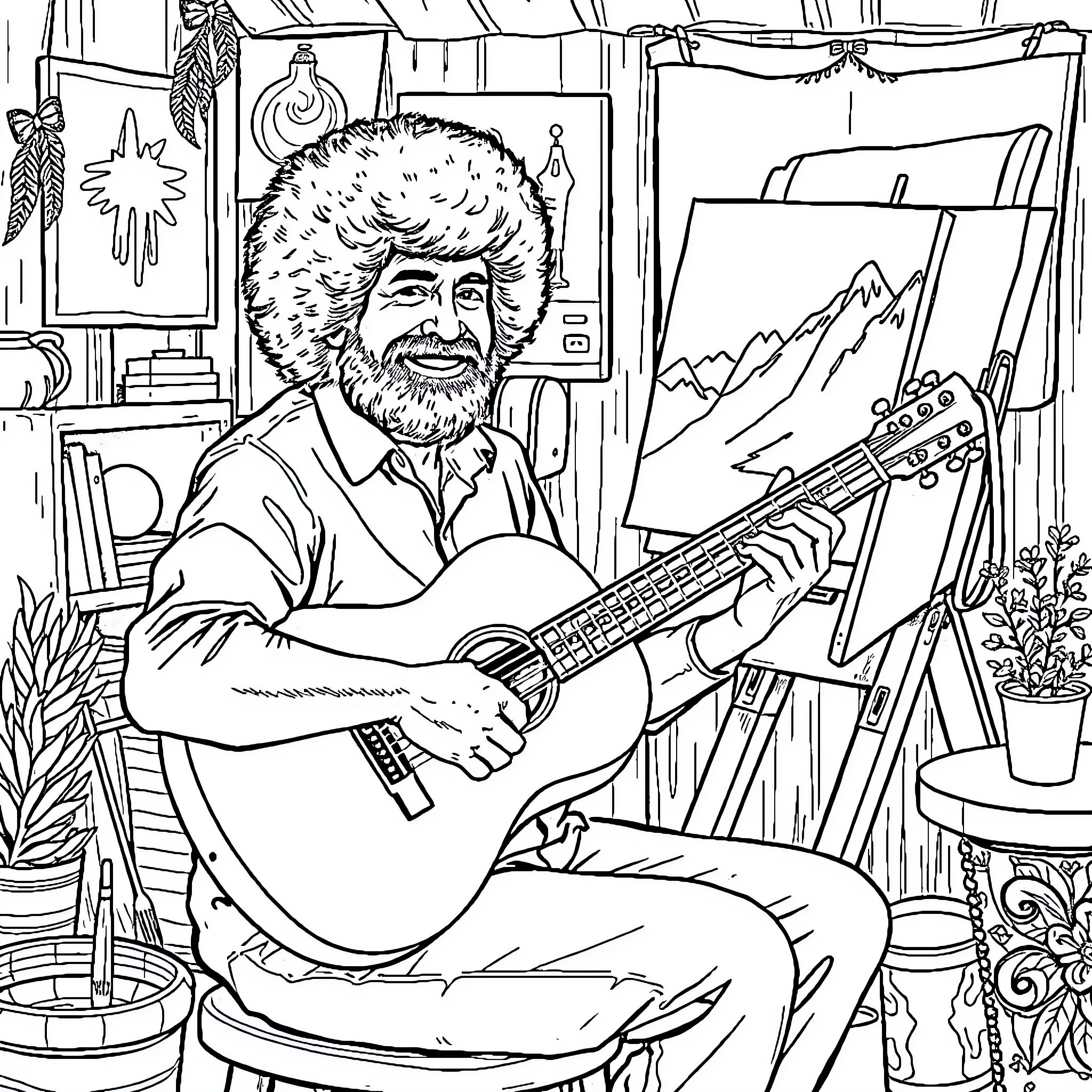 Bob Ross Relaxing with His Guitar in His Art Studio Coloring Page (free black-and-white line drawing printable PDF for all, from beginners to advanced learners, including children, teens, adults, and seniors)