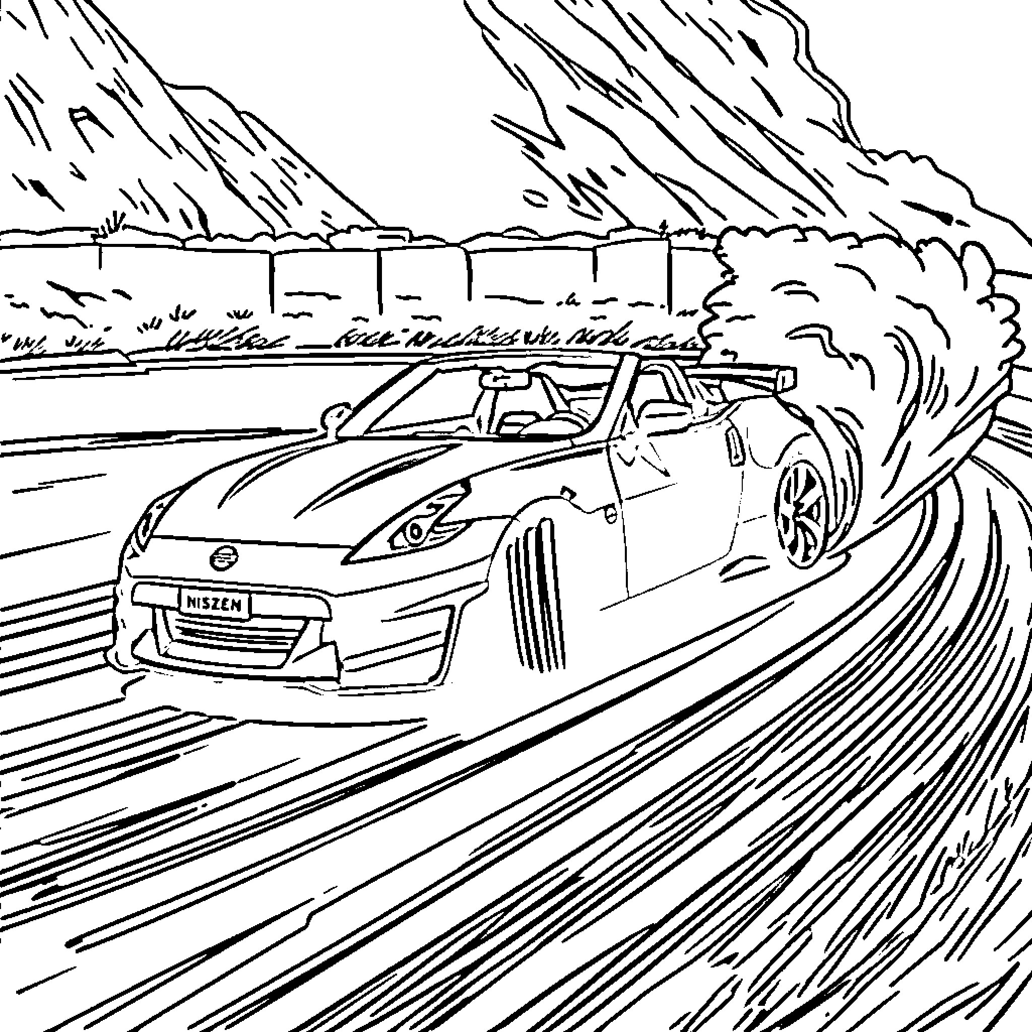 Nissan 370z speeding through a mountain road Coloring Page (free black-and-white line drawing printable PDF for all, from beginners to advanced learners, including children, teens, adults, and seniors)