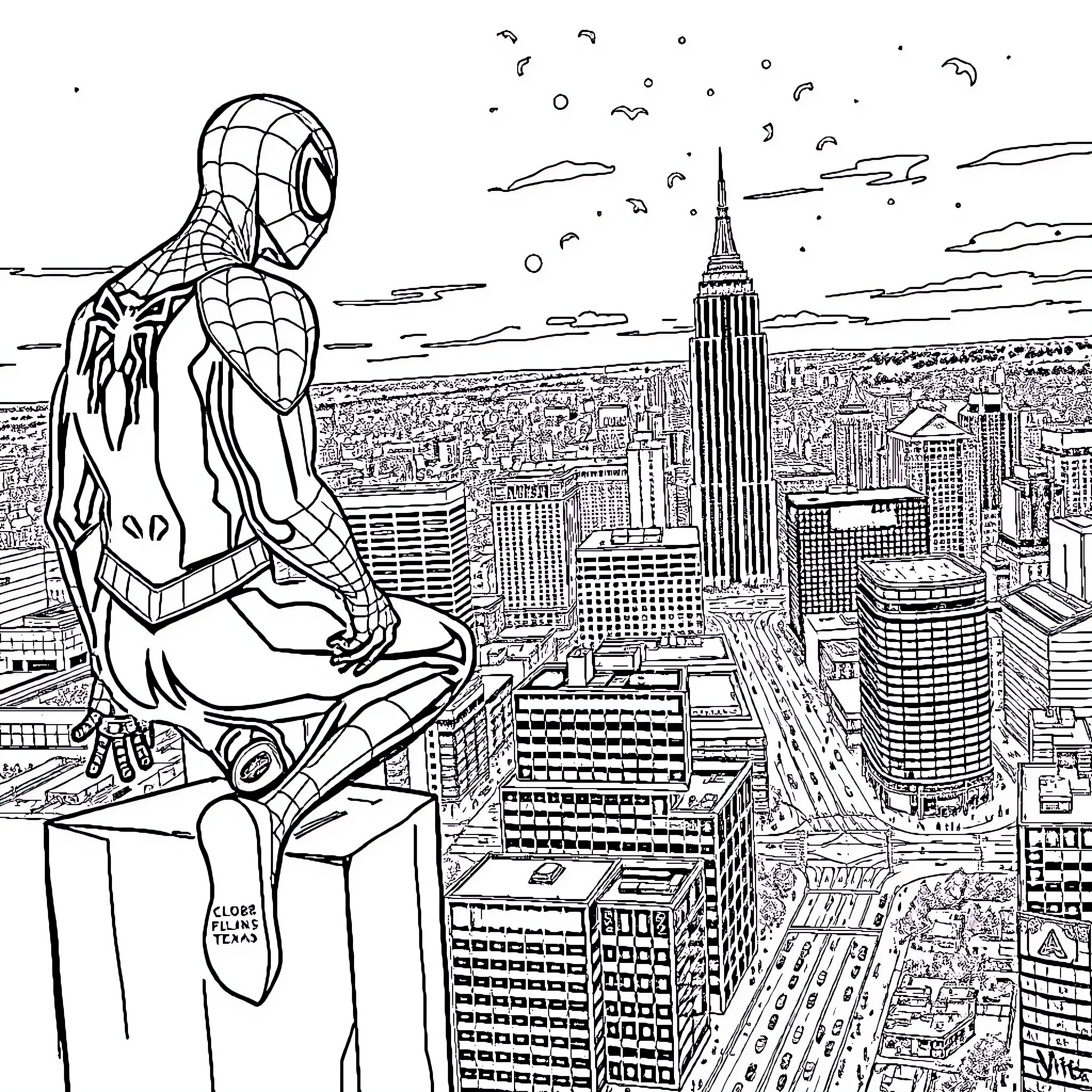 Spiderman overlooking the bustling city from a high vantage point Coloring Page (free black-and-white line drawing printable PDF for all, from beginners to advanced learners, including children, teens, adults, and seniors)