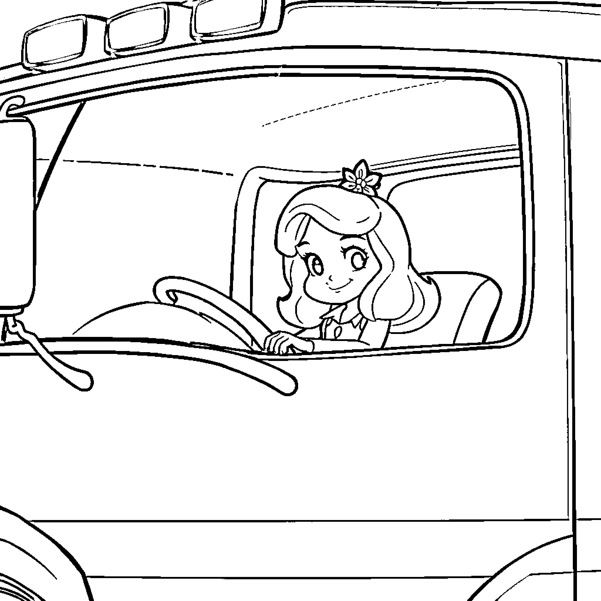 Fire Truck with Cartoon Girl Driving Coloring Page (free black-and-white line drawing printable PDF for all, from beginners to advanced learners, including children, teens, adults, and seniors)