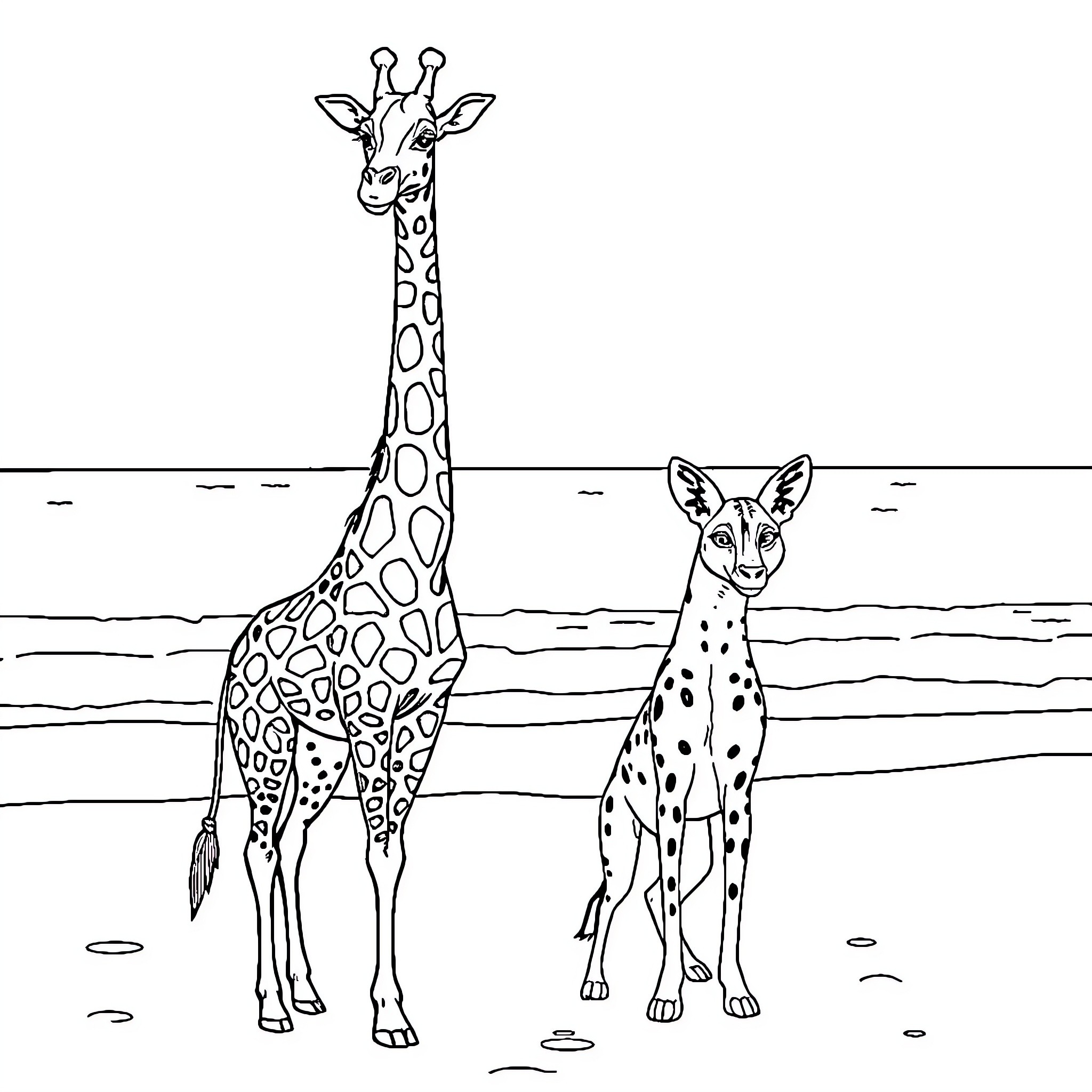 Giraffe and Cheetah in the Savanna Coloring Page (free black-and-white line drawing printable PDF for all, from beginners to advanced learners, including children, teens, adults, and seniors)