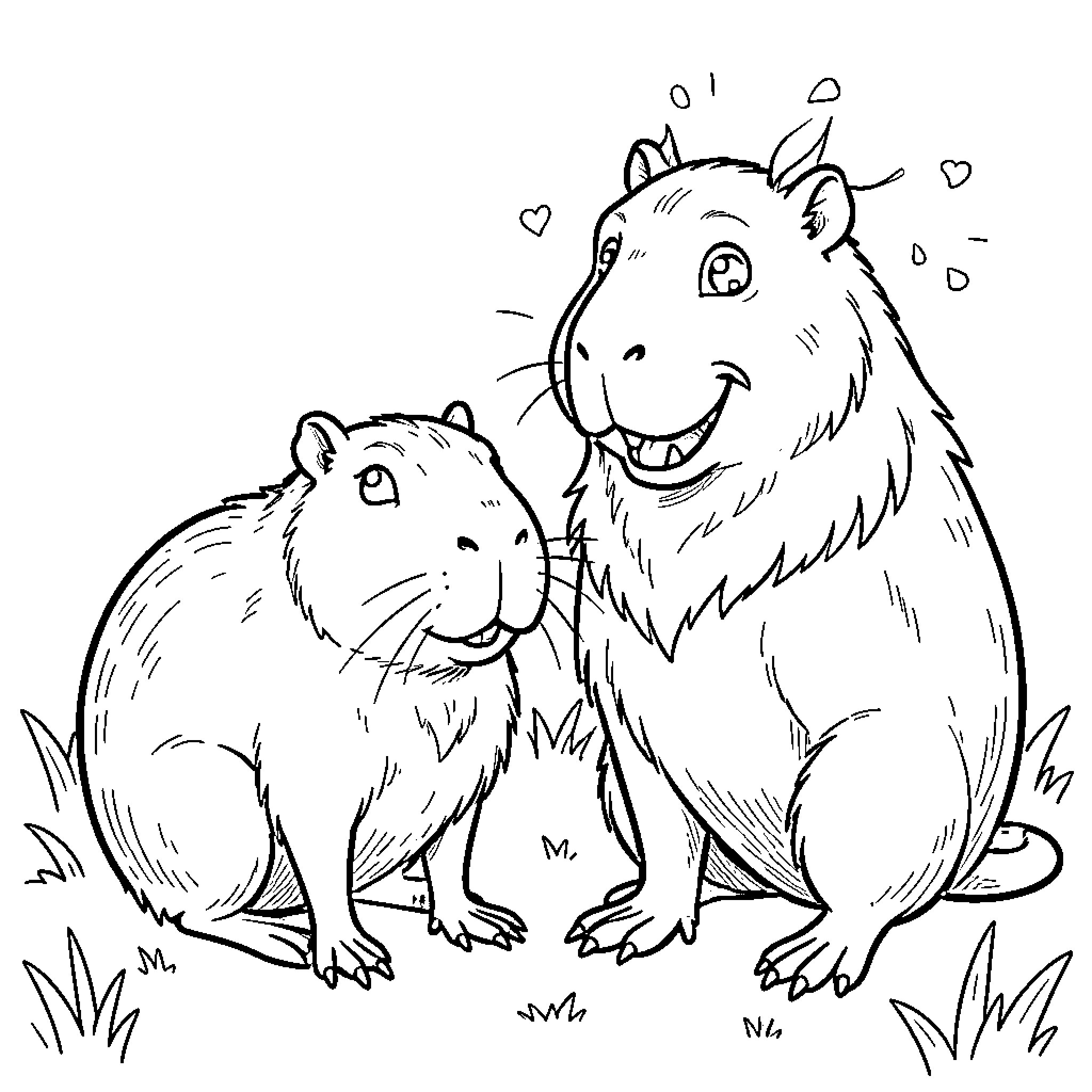 Capybara friends enjoying each other's company Coloring Page (free black-and-white line drawing printable PDF for all, from beginners to advanced learners, including children, teens, adults, and seniors)