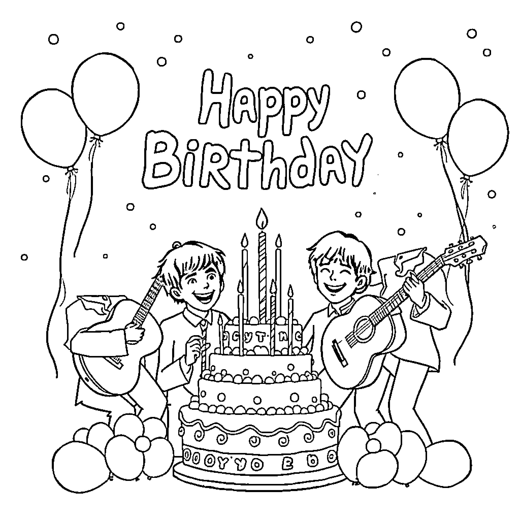 The Beatles Celebrate a Happy Birthday Coloring Page (free black-and-white line drawing printable PDF for all, from beginners to advanced learners, including children, teens, adults, and seniors)