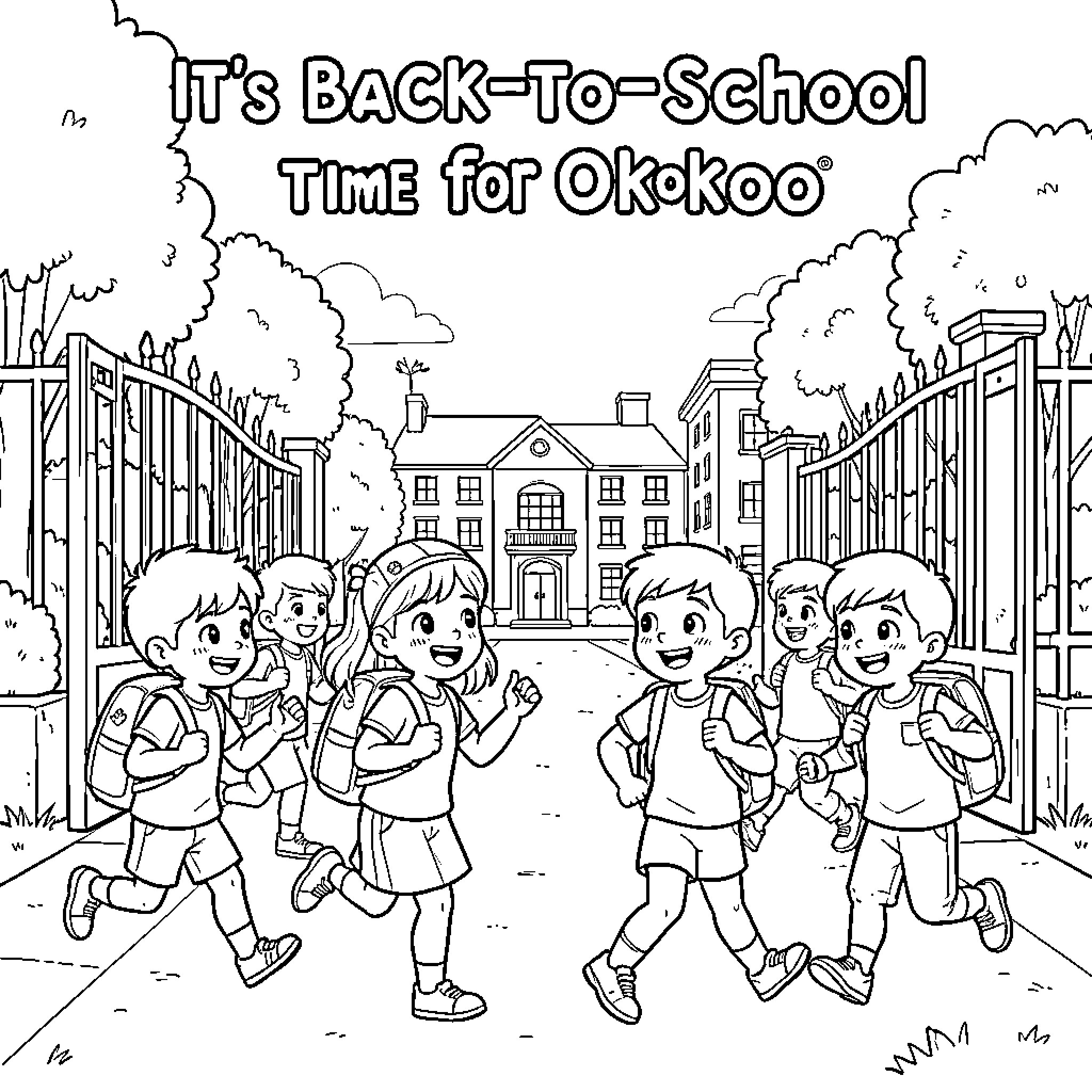Okookoo children running happily towards school building Coloring Page (free black-and-white line drawing printable PDF for all, from beginners to advanced learners, including children, teens, adults, and seniors)