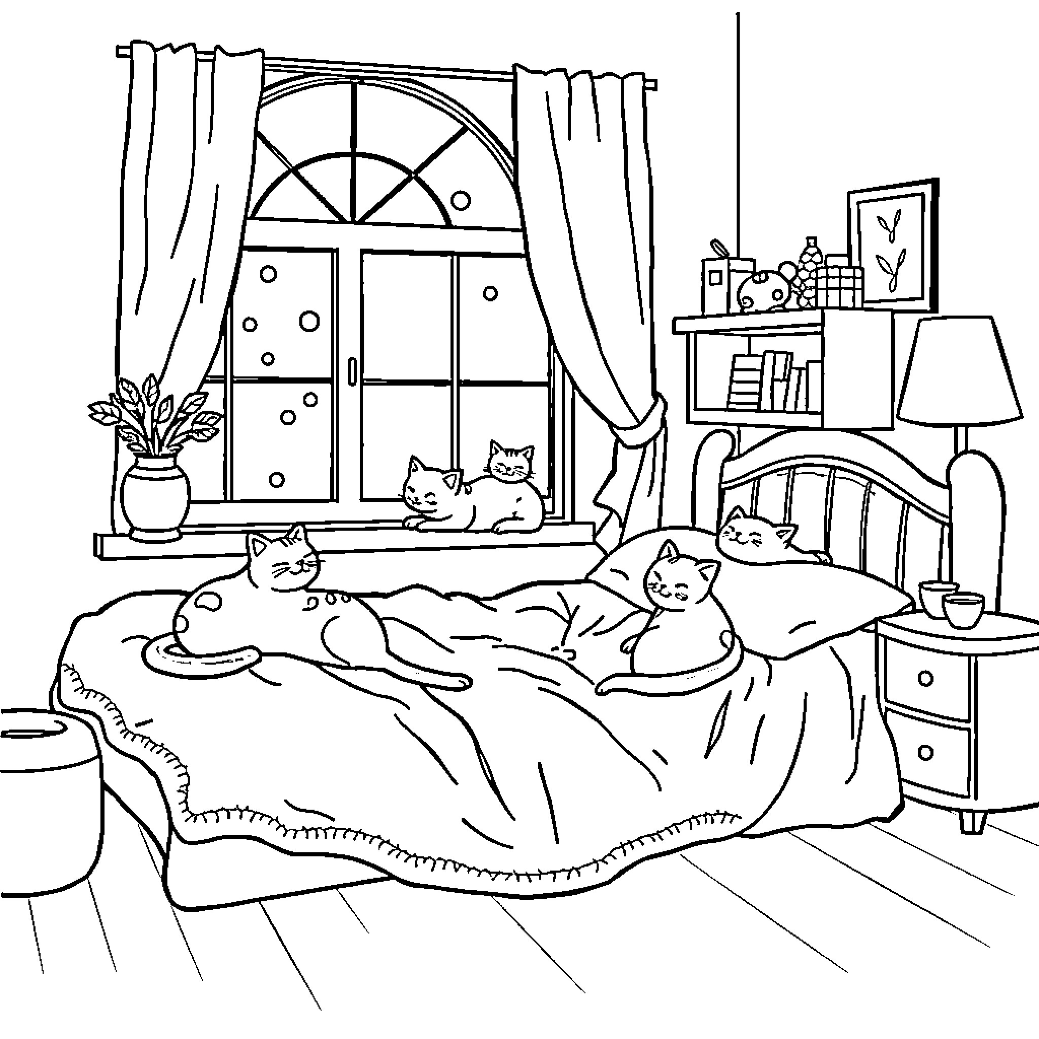 Cat resting peacefully in cozy indoor setting Coloring Page (free black-and-white line drawing printable PDF for all, from beginners to advanced learners, including children, teens, adults, and seniors)