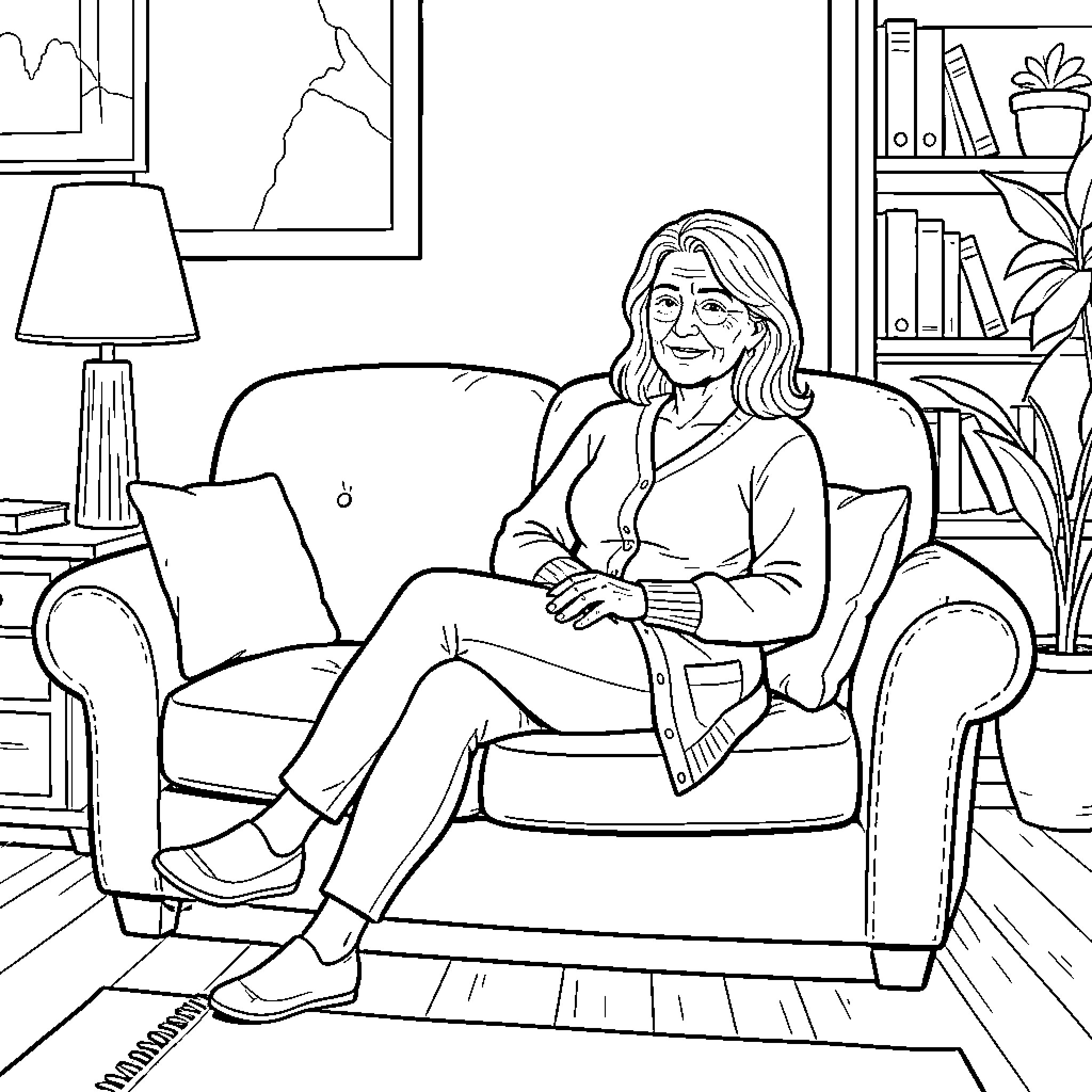 Woman relaxing comfortably in her cozy home Coloring Page (free black-and-white line drawing printable PDF for all, from beginners to advanced learners, including children, teens, adults, and seniors)