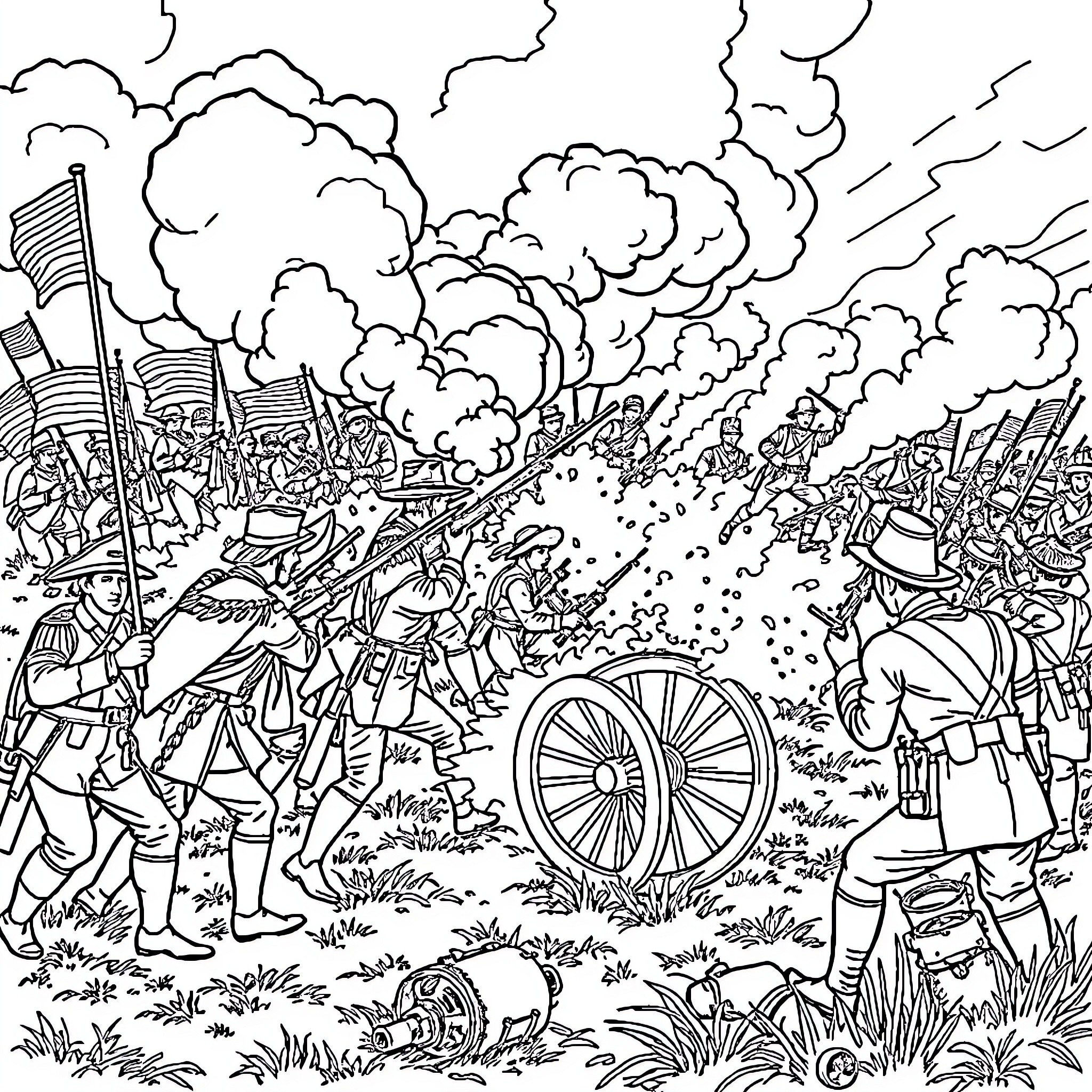Battle of Soldiers Amid Explosions and Chaos Coloring Page (free black-and-white line drawing printable PDF for all, from beginners to advanced learners, including children, teens, adults, and seniors)