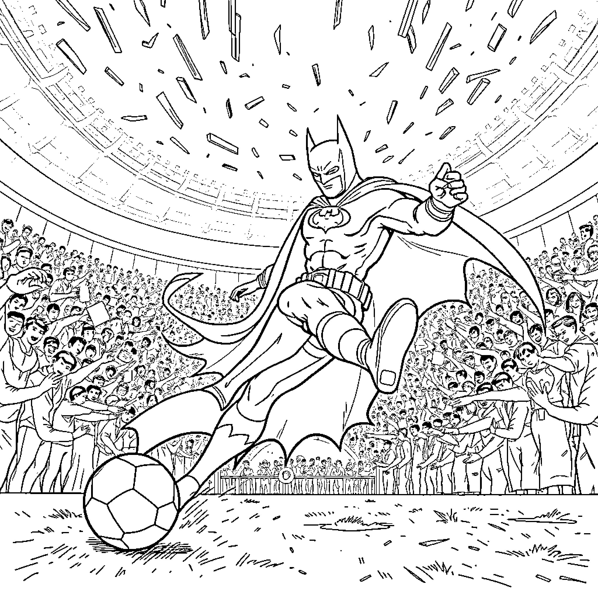 Batman's Heroic Soccer Game in the Stadium Coloring Page (free black-and-white line drawing printable PDF for all, from beginners to advanced learners, including children, teens, adults, and seniors)