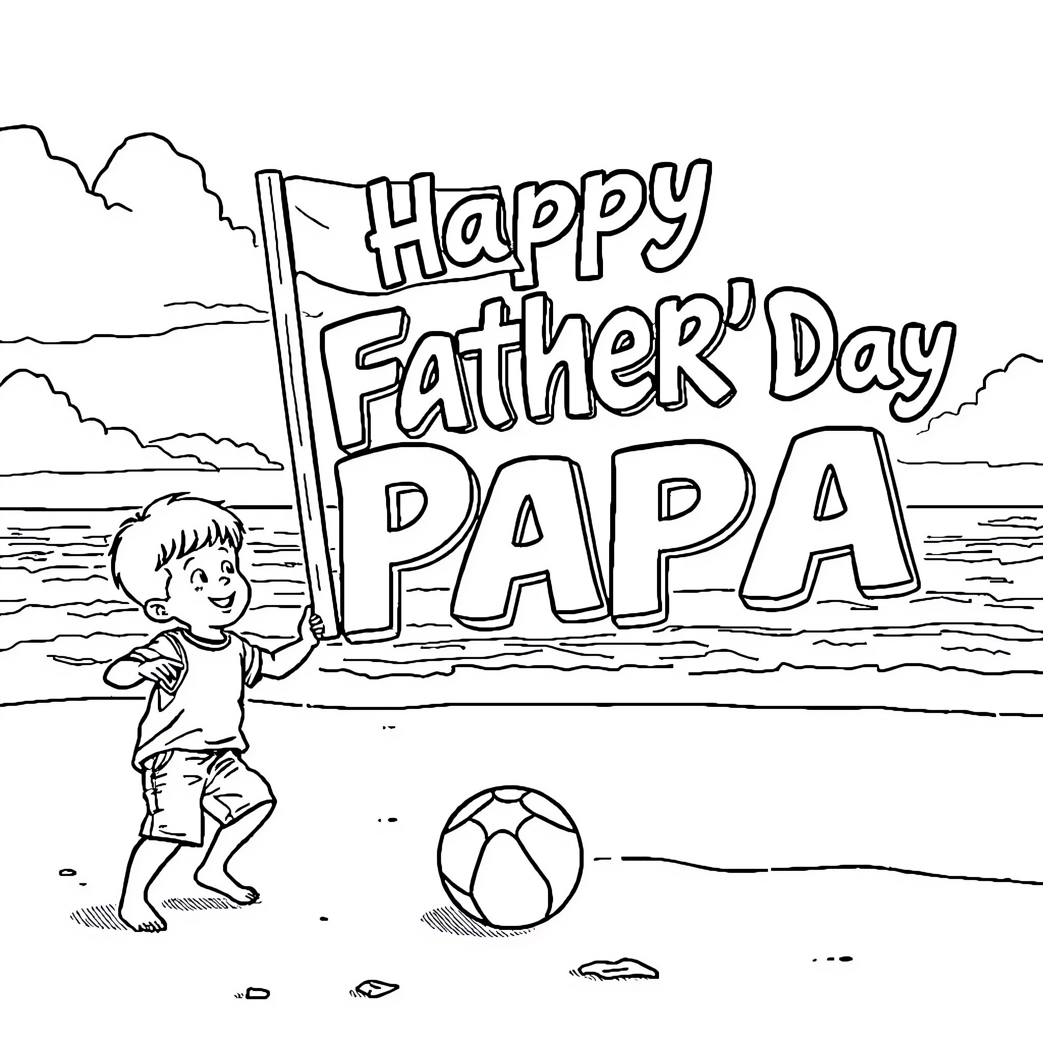 Boy playing with a ball on the beach Coloring Page (free black-and-white line drawing printable PDF for all, from beginners to advanced learners, including children, teens, adults, and seniors)