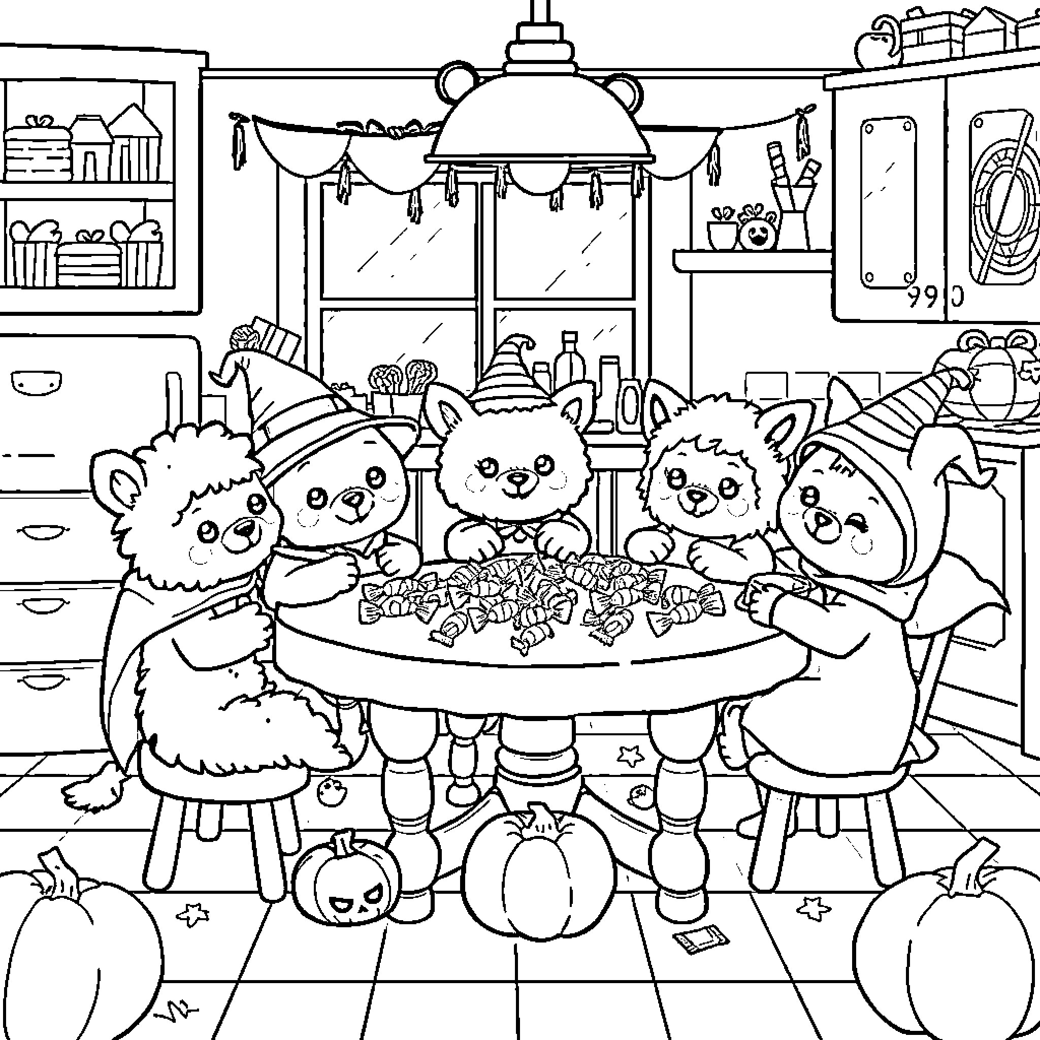 Animal friends enjoying a cozy gathering Coloring Page (free black-and-white line drawing printable PDF for all, from beginners to advanced learners, including children, teens, adults, and seniors)