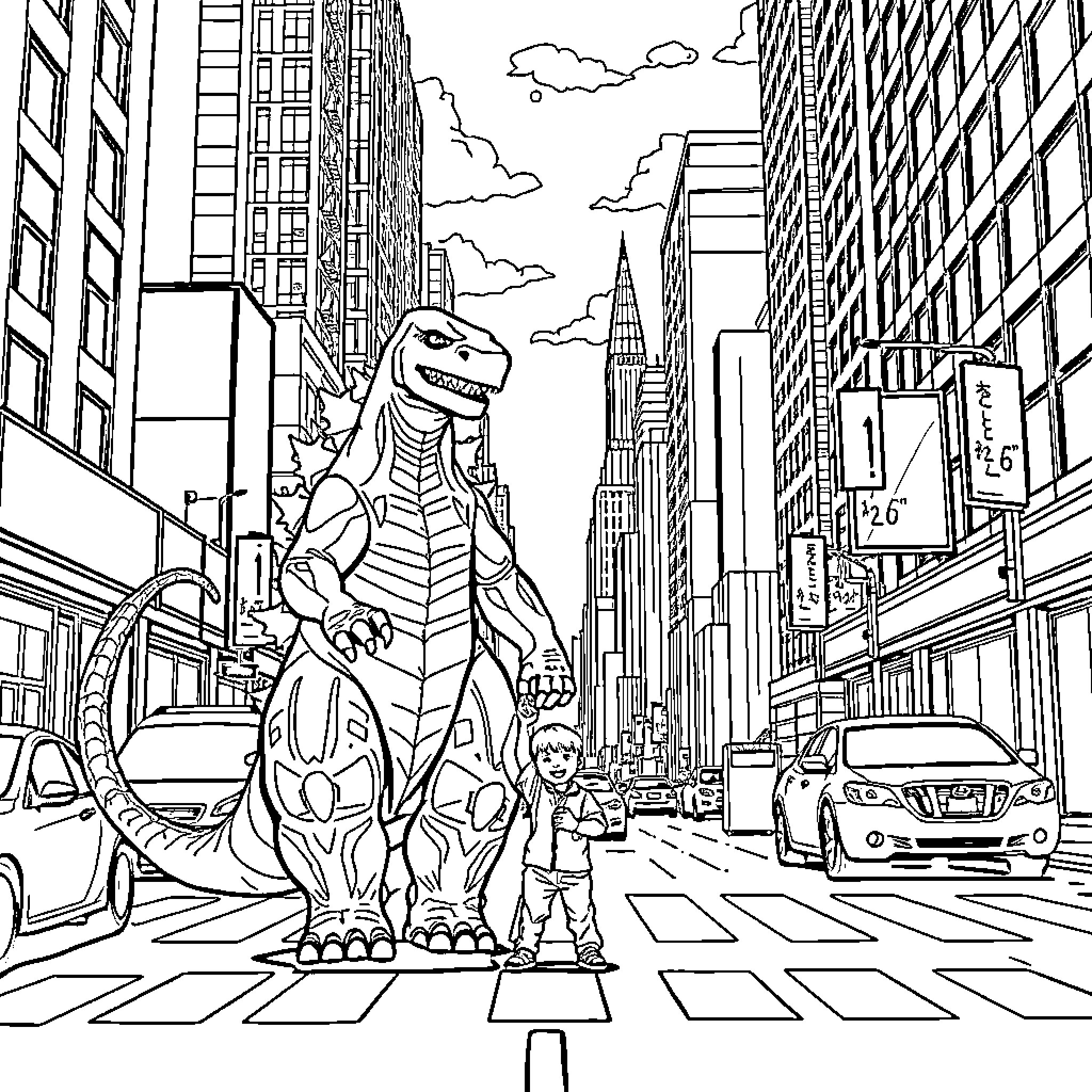 Godzilla rampaging through the city with a child Coloring Page (free black-and-white line drawing printable PDF for all, from beginners to advanced learners, including children, teens, adults, and seniors)