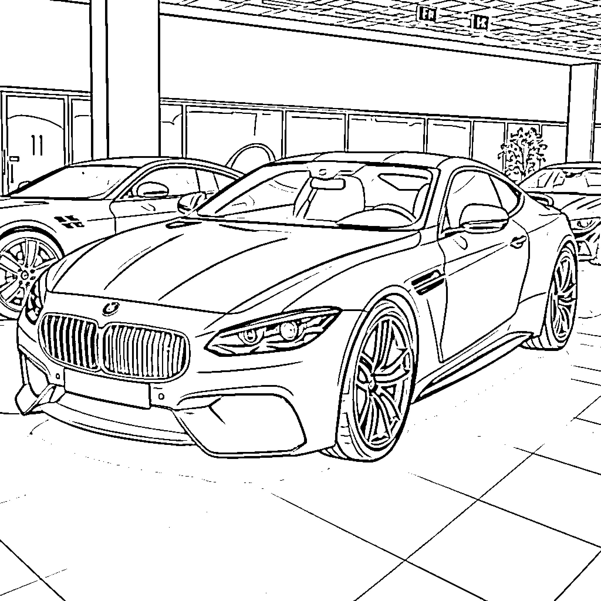 Car showroom with luxury sports cars Coloring Page (free black-and-white line drawing printable PDF for all, from beginners to advanced learners, including children, teens, adults, and seniors)