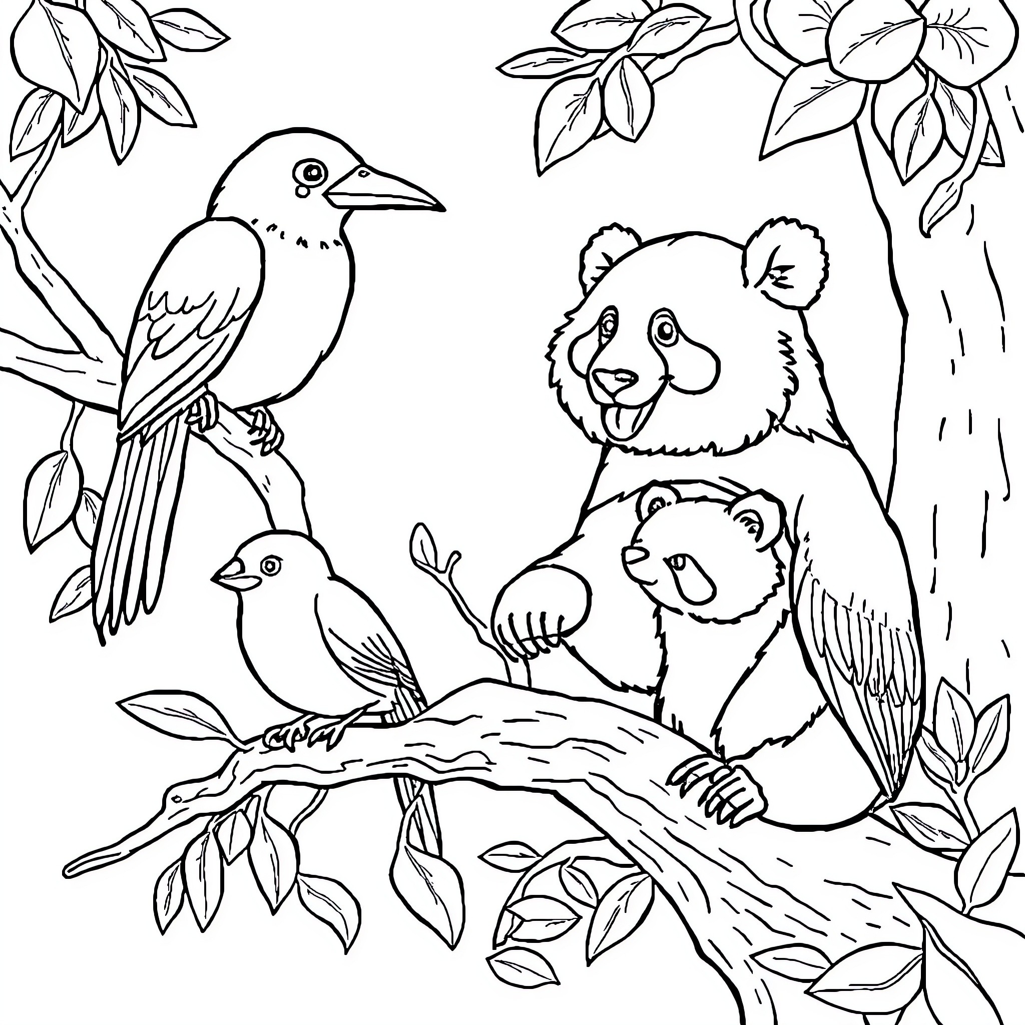 Animal Family in Lush Foliage Coloring Page (free black-and-white line drawing printable PDF for all, from beginners to advanced learners, including children, teens, adults, and seniors)