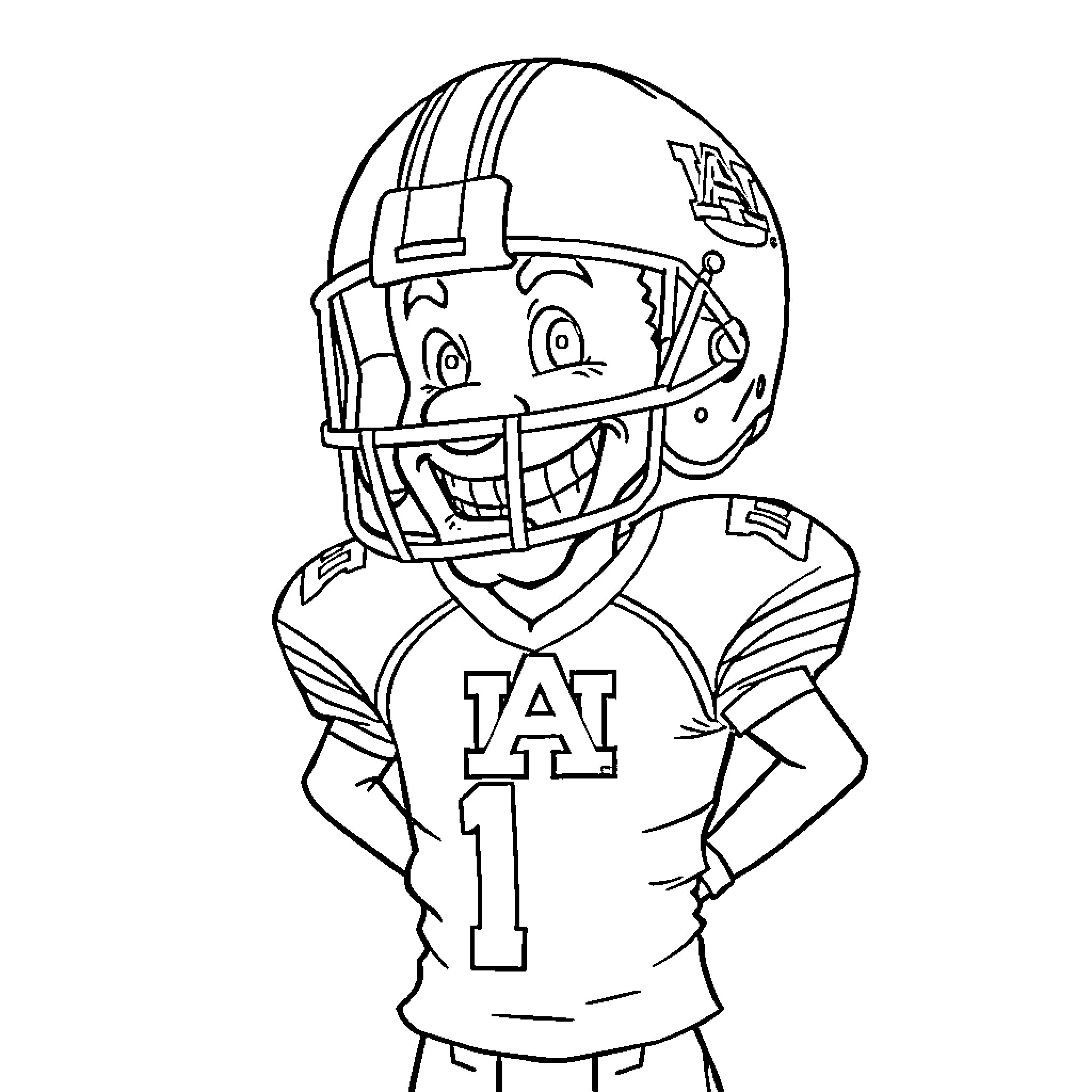 Tiger Football Player Grinning in Uniform Coloring Page (free black-and-white line drawing printable PDF for all, from beginners to advanced learners, including children, teens, adults, and seniors)
