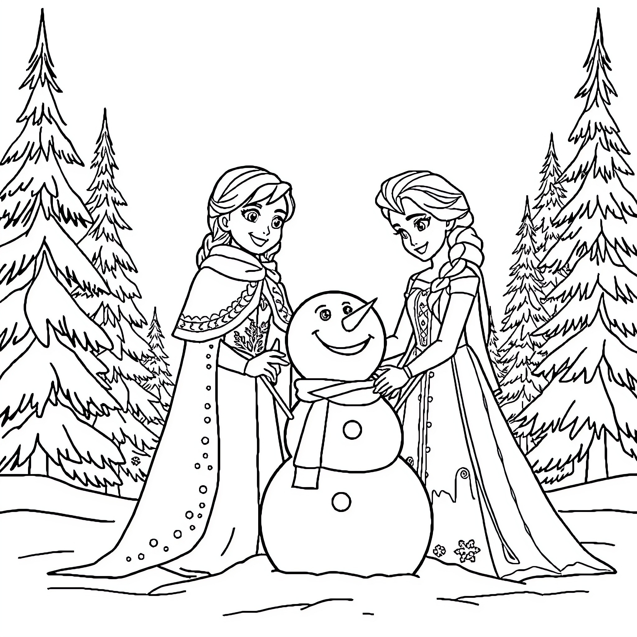 Anna and Elsa building a snowman in the winter forest Coloring Page (free black-and-white line drawing printable PDF for all, from beginners to advanced learners, including children, teens, adults, and seniors)