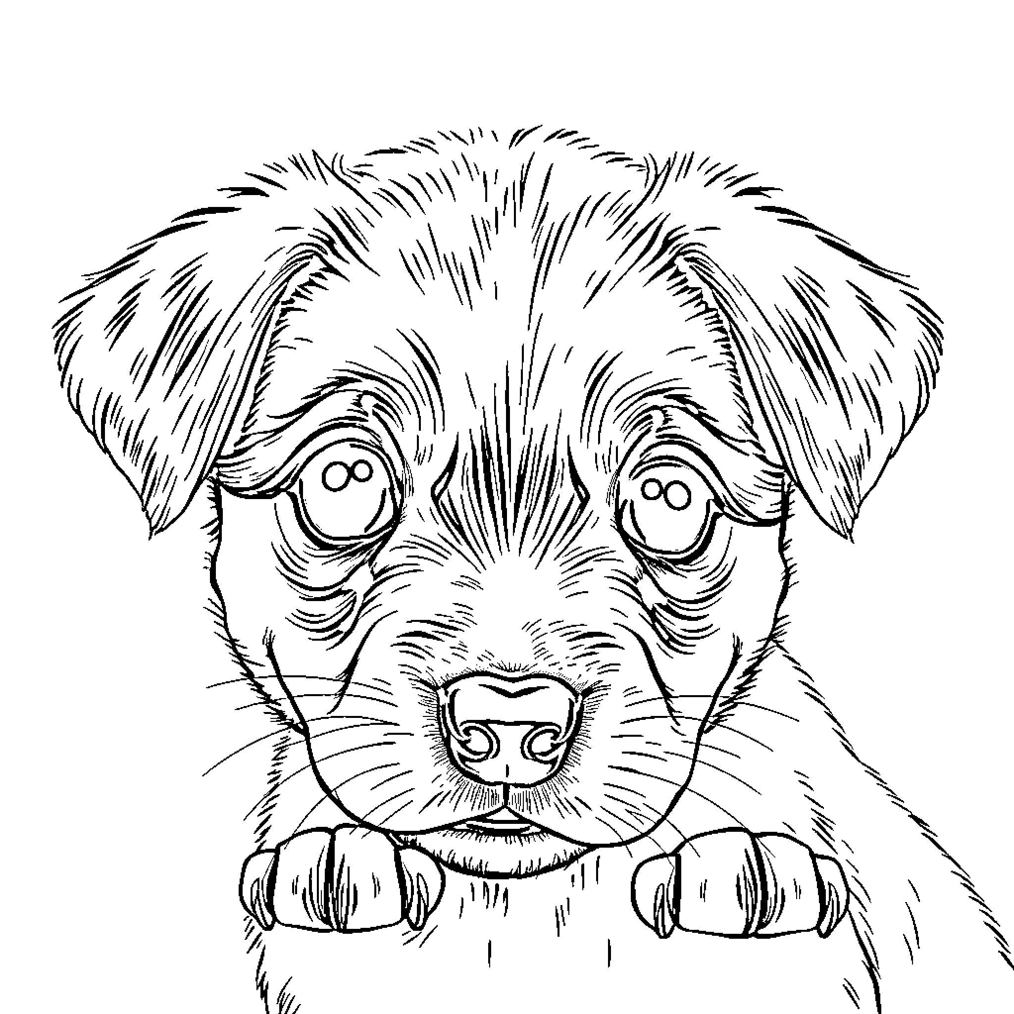 Puppy peeking curiously from behind Coloring Page (free black-and-white line drawing printable PDF for all, from beginners to advanced learners, including children, teens, adults, and seniors)