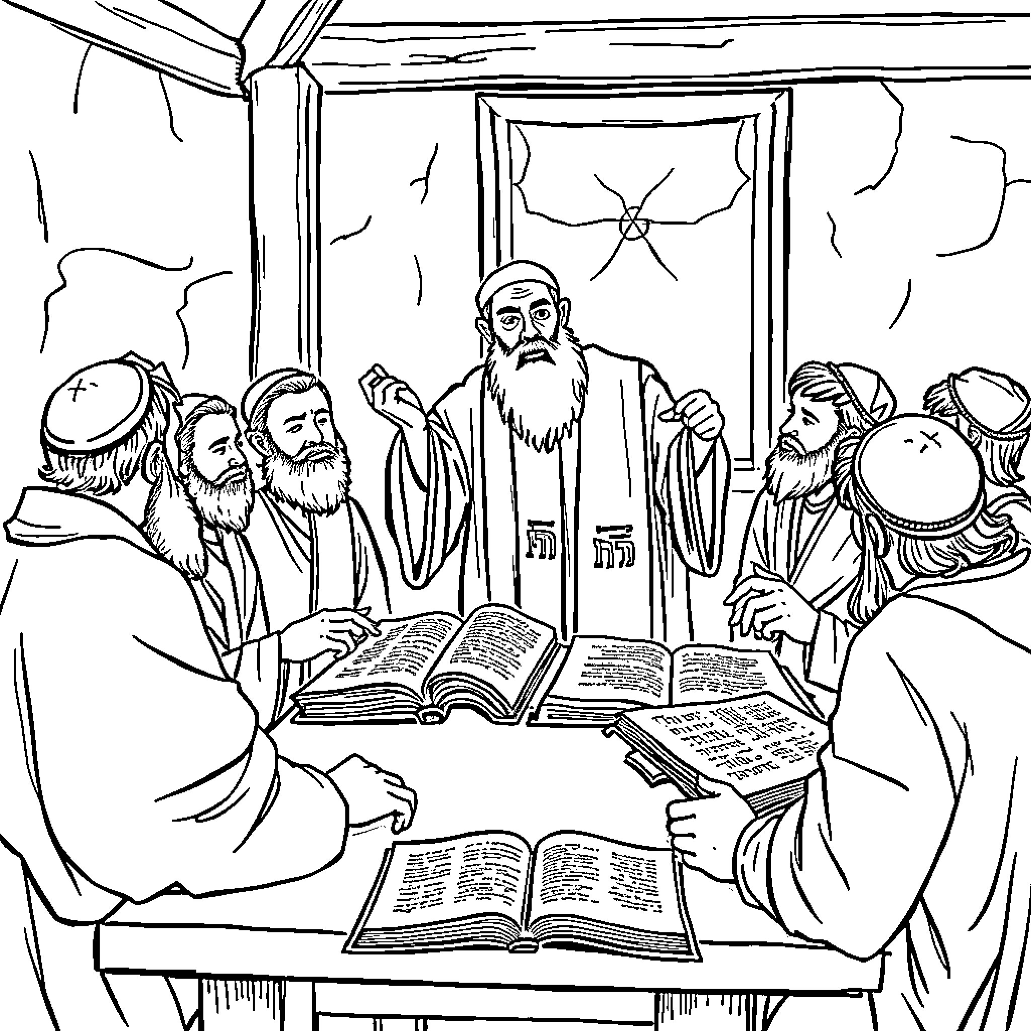 Rabbi teaching disciples in a Torah study session Coloring Page (free black-and-white line drawing printable PDF for all, from beginners to advanced learners, including children, teens, adults, and seniors)