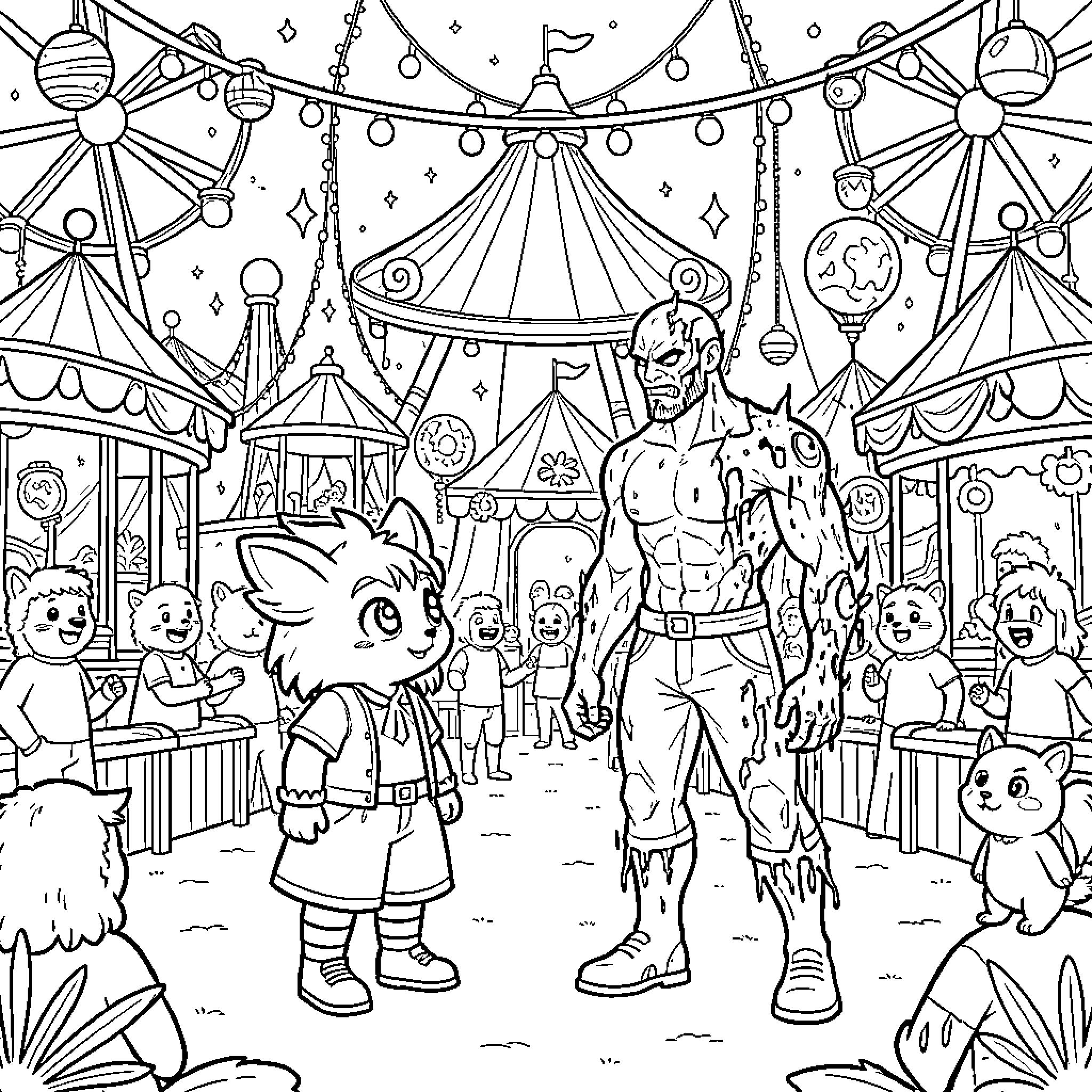Pomni character and various animals at a carnival Coloring Page (free black-and-white line drawing printable PDF for all, from beginners to advanced learners, including children, teens, adults, and seniors)