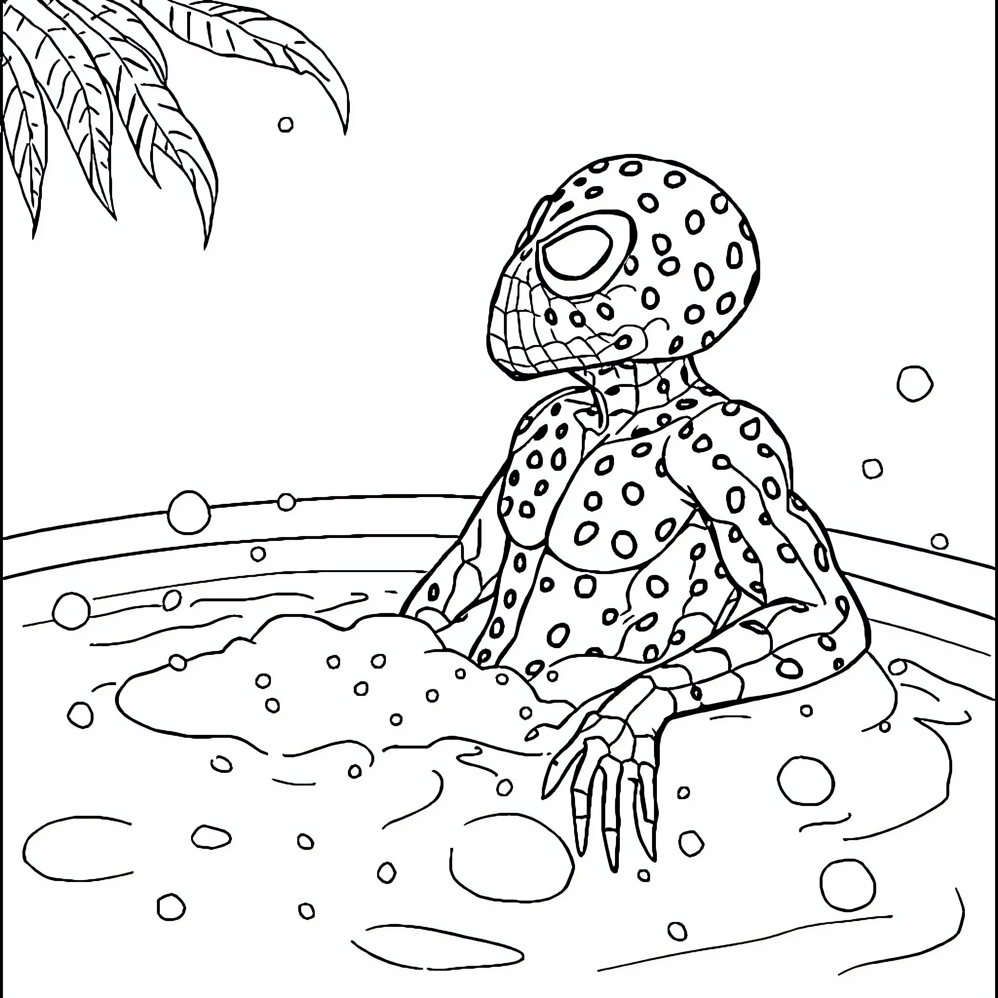 Spider-Man relaxing in underwater seascape Coloring Page (free black-and-white line drawing printable PDF for all, from beginners to advanced learners, including children, teens, adults, and seniors)