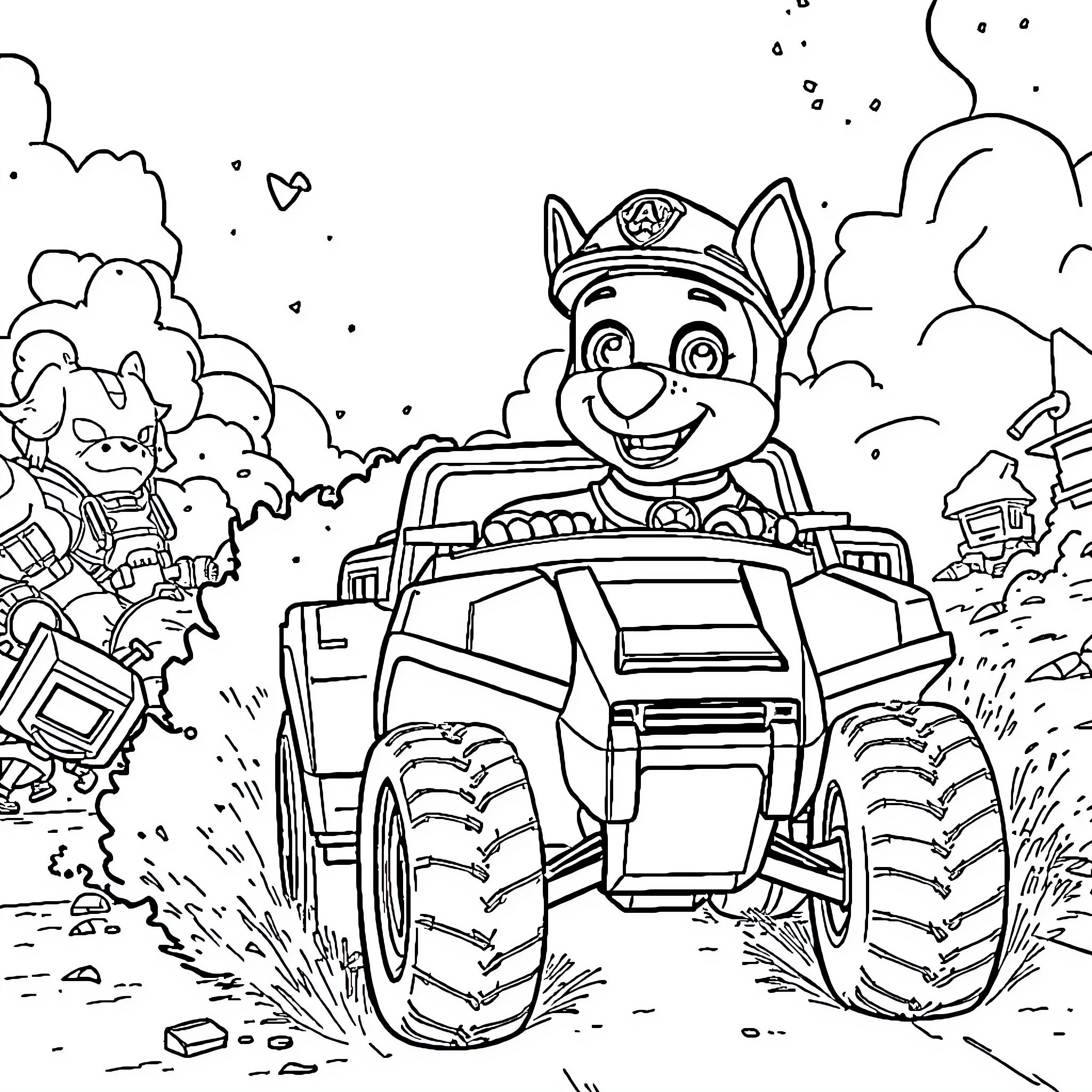Marshall's Exciting Monster Truck Adventure Coloring Page (free black-and-white line drawing printable PDF for all, from beginners to advanced learners, including children, teens, adults, and seniors)