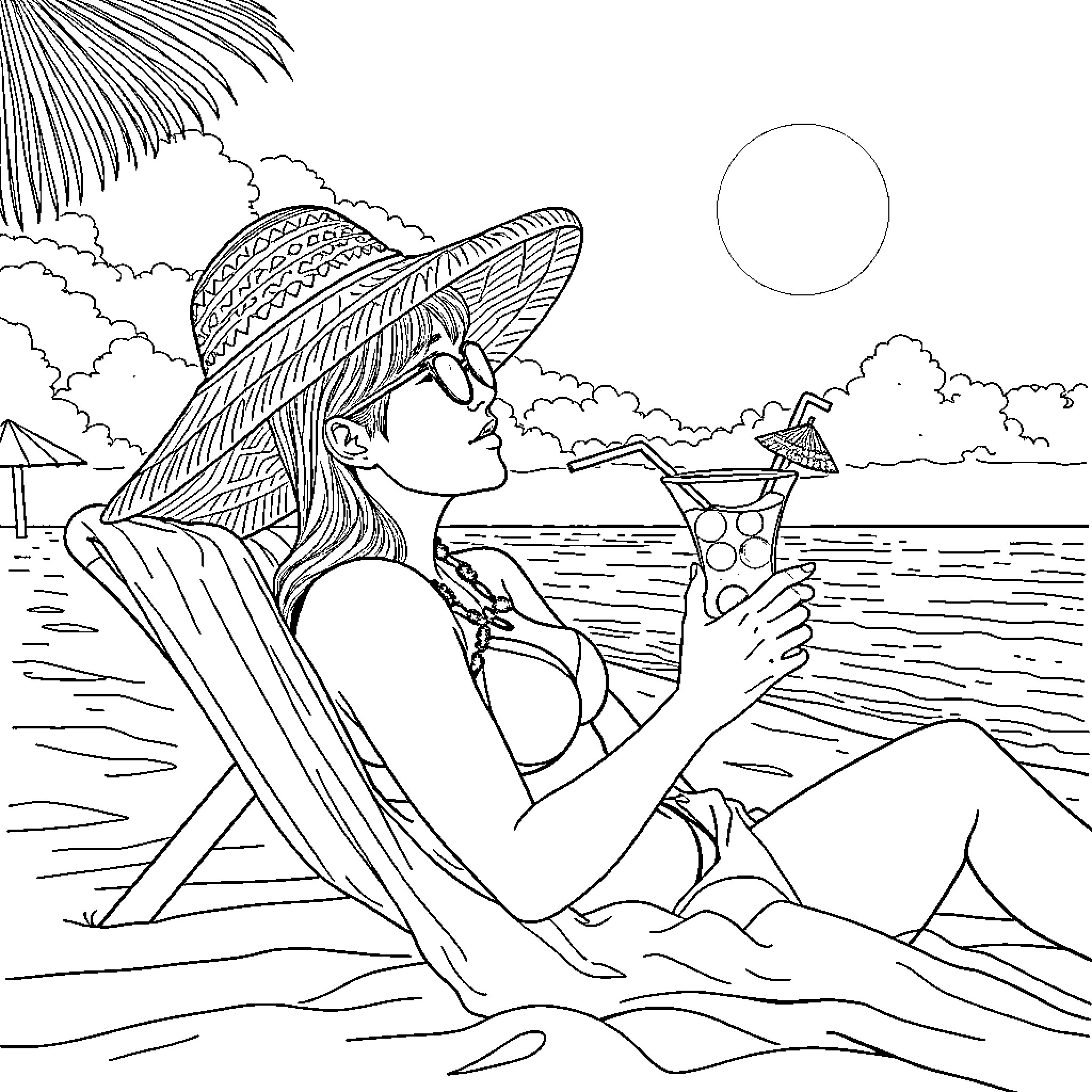 Kim Seokjin enjoying a relaxing beach day Coloring Page (free black-and-white line drawing printable PDF for all, from beginners to advanced learners, including children, teens, adults, and seniors)