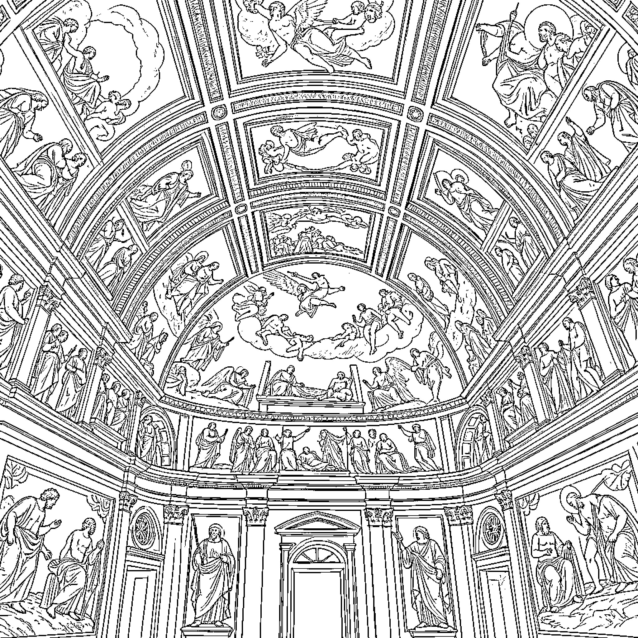 Sistine Chapel ceiling featuring divine figures and celestial scenes Coloring Page (free black-and-white line drawing printable PDF for all, from beginners to advanced learners, including children, teens, adults, and seniors)